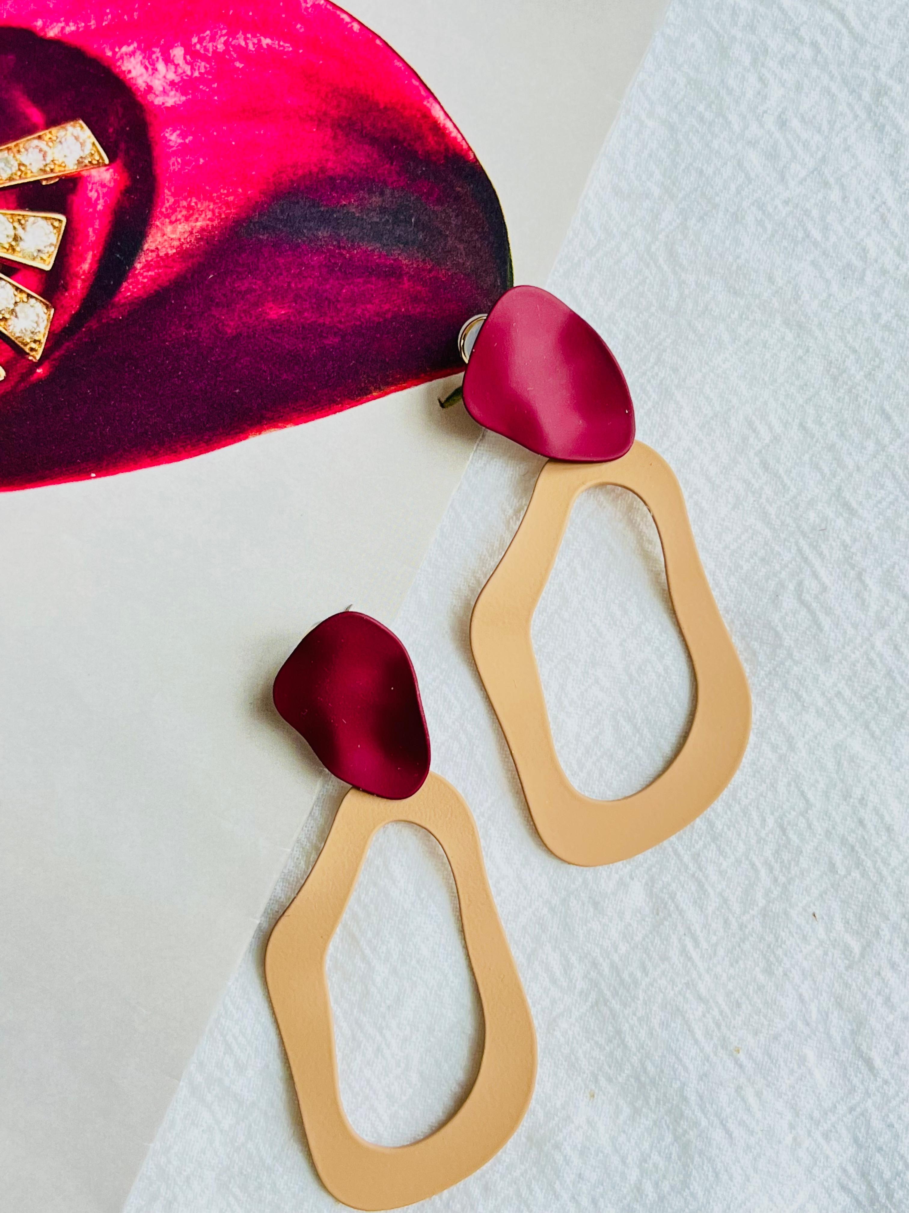 Red Burgundy Petal Yellow Horseshoe Matte Elegant Long Drop Pierced Earrings For Sale 1
