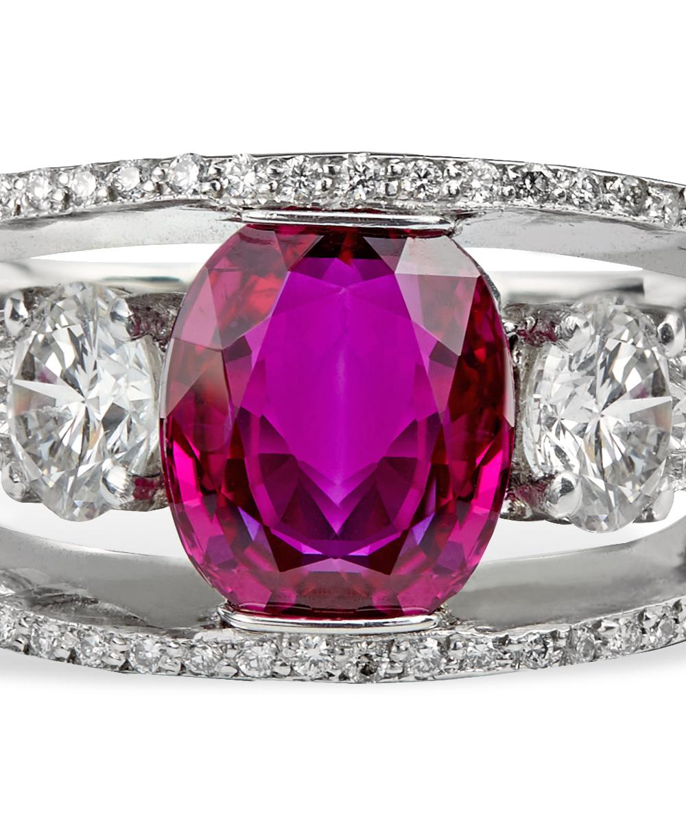 Contemporary Red Burma Ruby, Diamond, & Platinum Custom Made Floating Setting CAD Ring For Sale