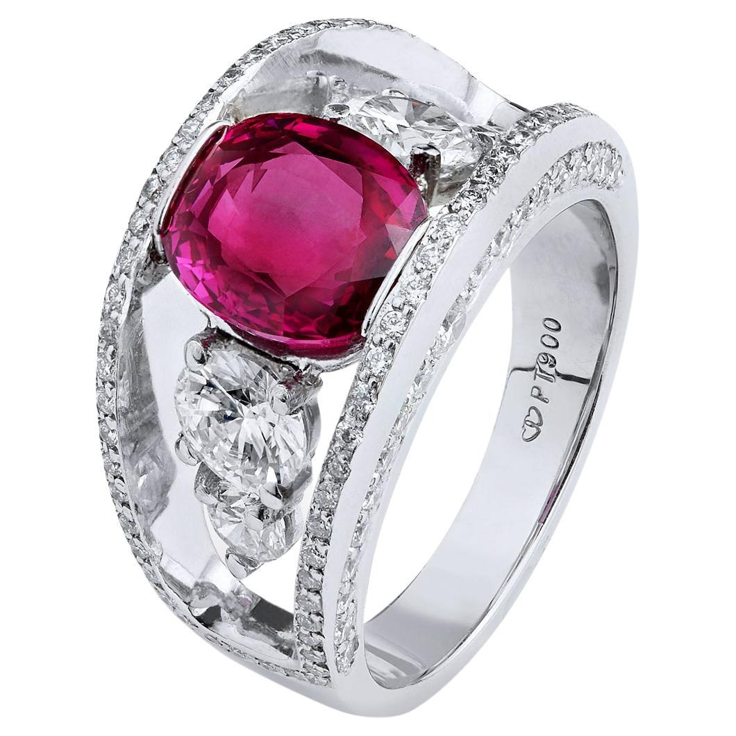 Red Burma Ruby, Diamond, & Platinum Custom Made Floating Setting CAD Ring For Sale