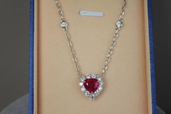 Red Burma Ruby Heart Shape Cut Diamonds Halo 18K White Gold Pendant Necklace