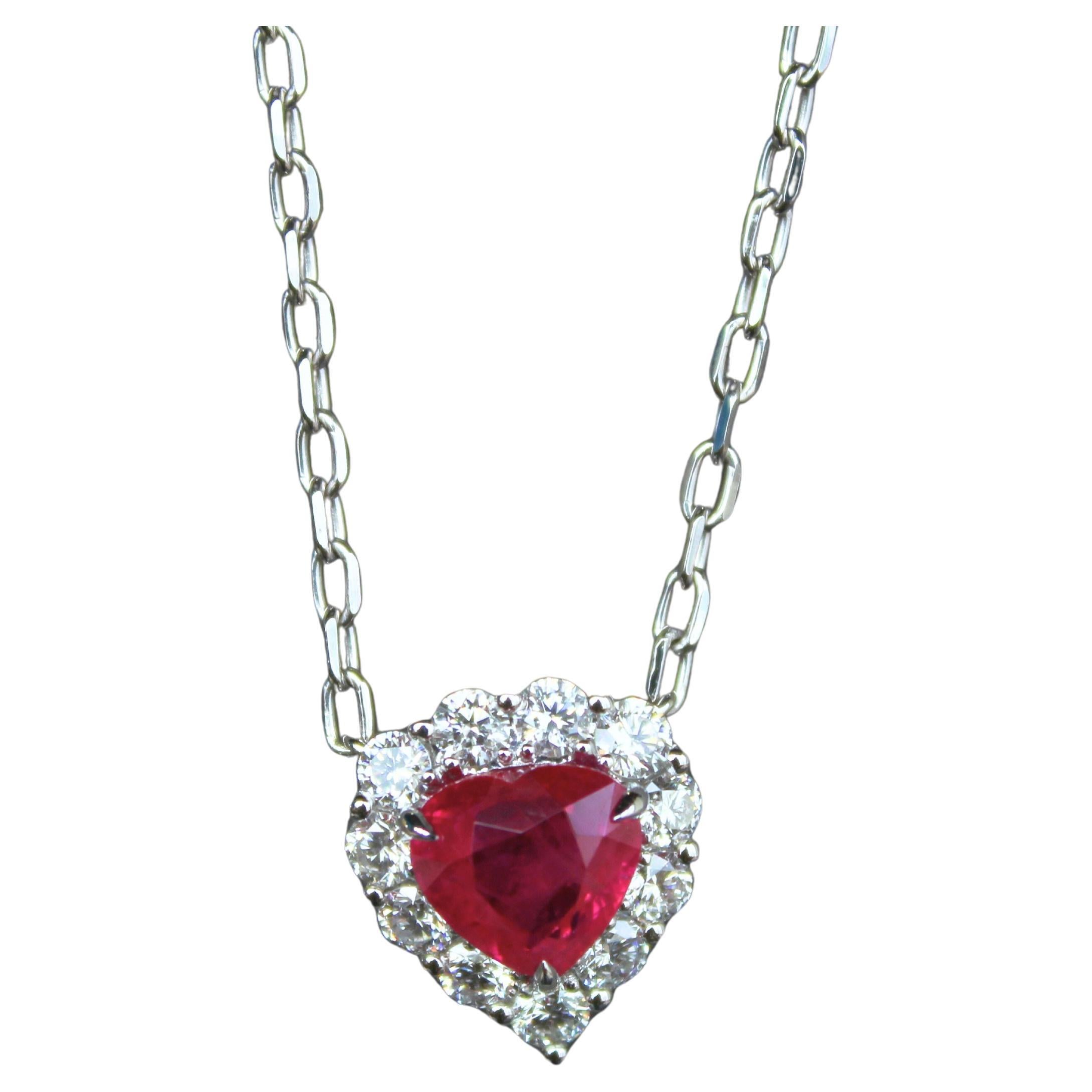 Red Burma Ruby Heart Shape Cut Diamonds Halo 18K White Gold Pendant Necklace
