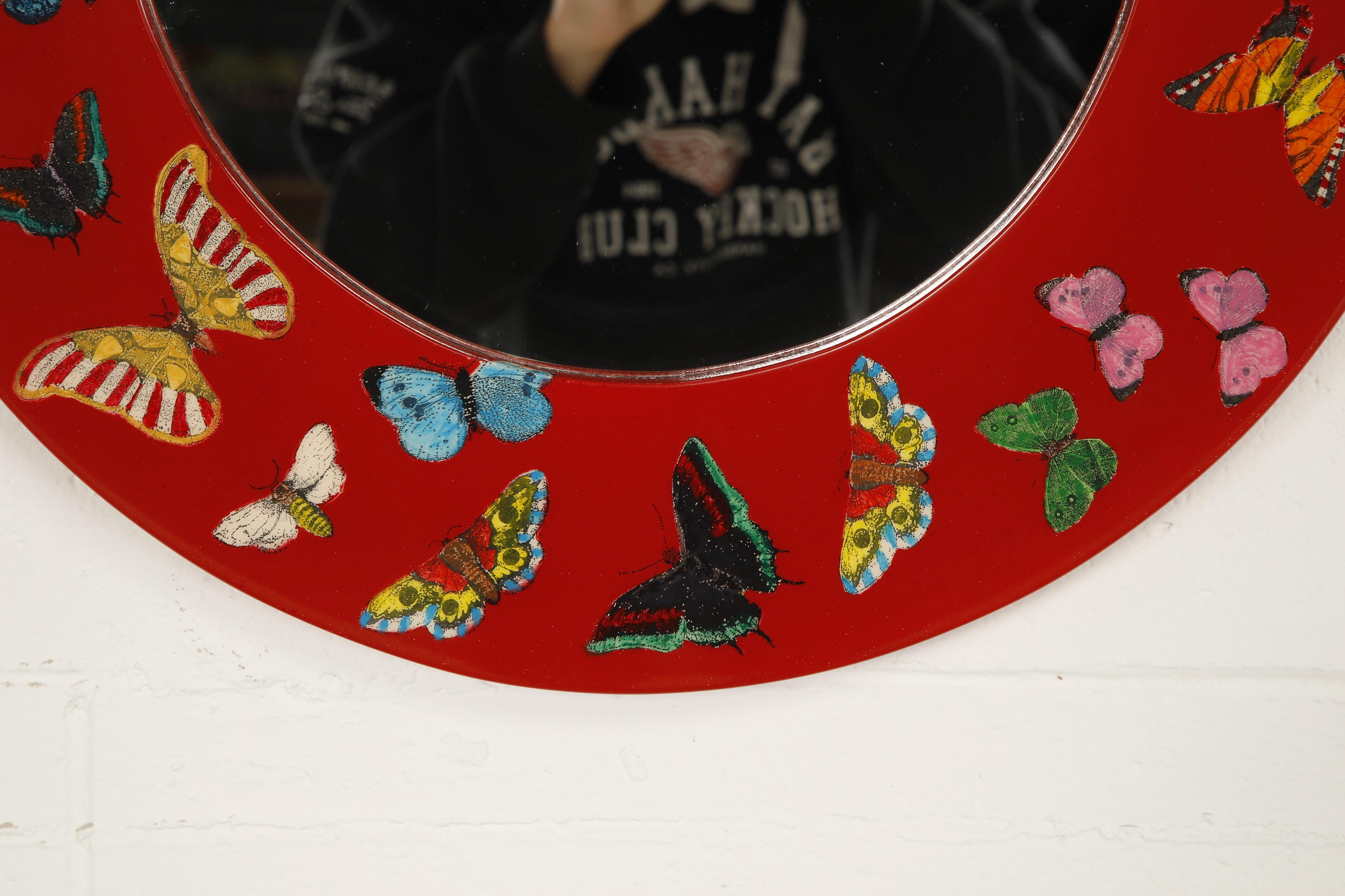 Red 'Butterflies'' Round Mirror by Piero Fornasetti, Signed  For Sale 3