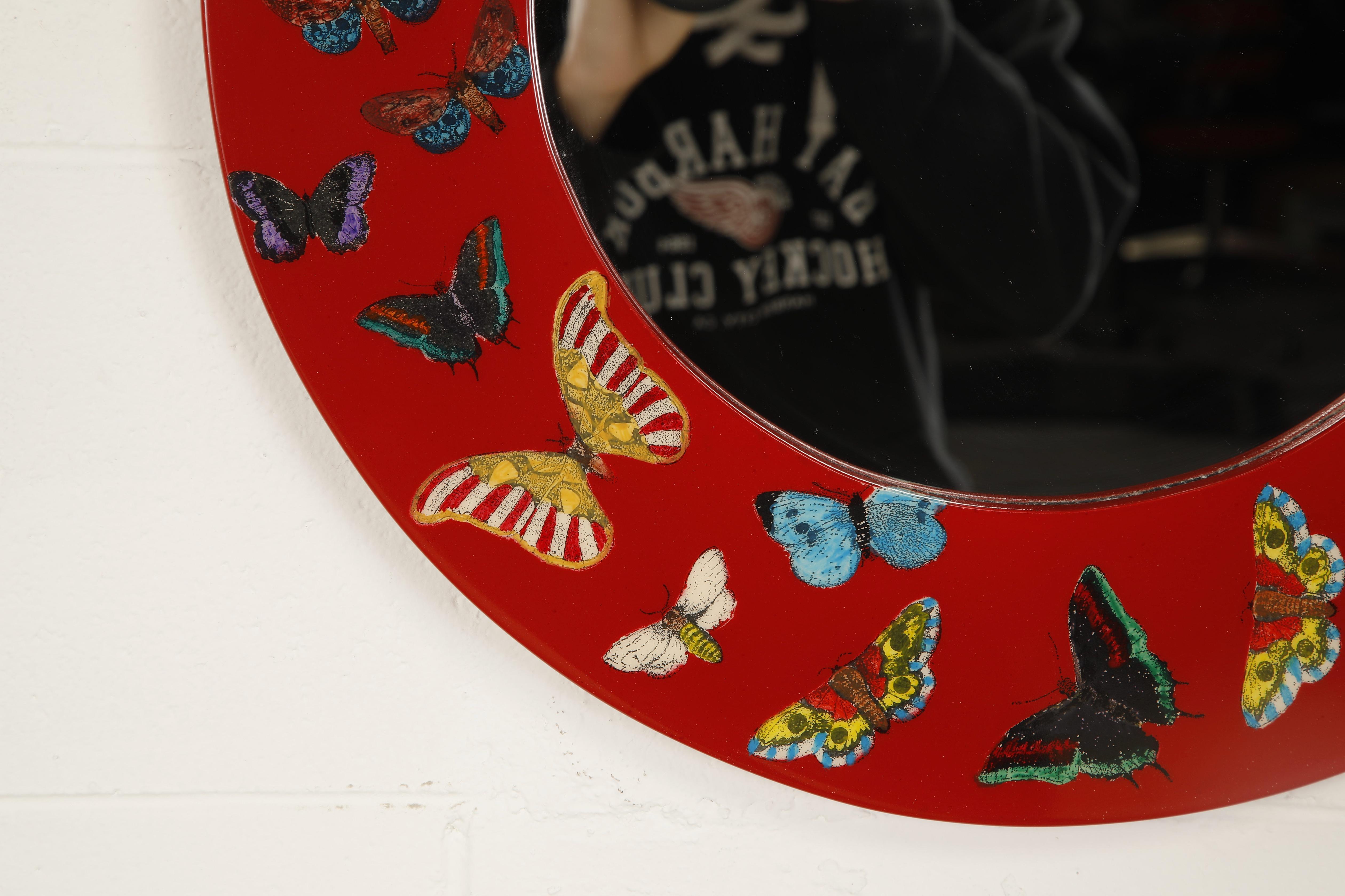 Red 'Butterflies'' Round Mirror by Piero Fornasetti, Signed  For Sale 4