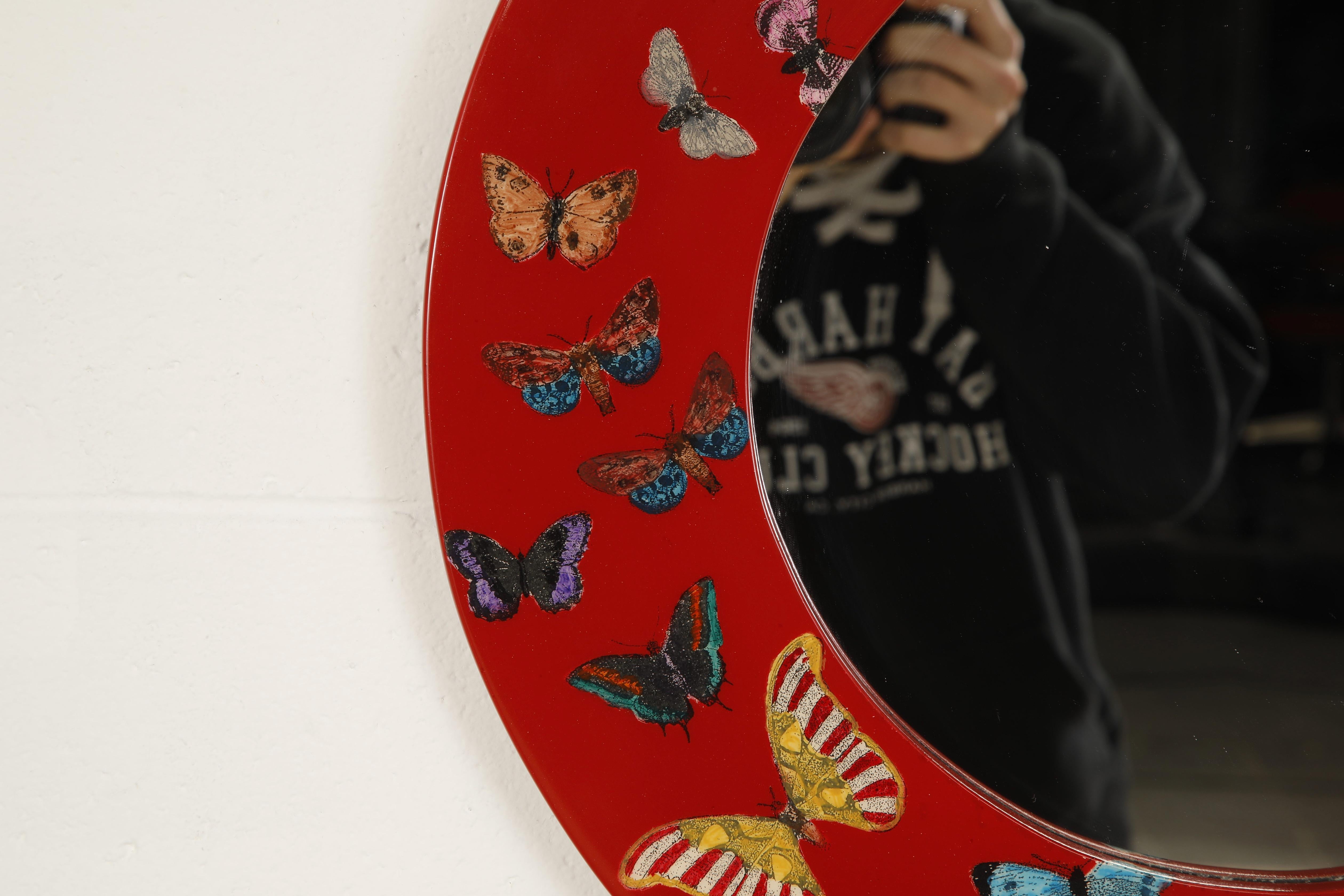 Red 'Butterflies'' Round Mirror by Piero Fornasetti, Signed  For Sale 5