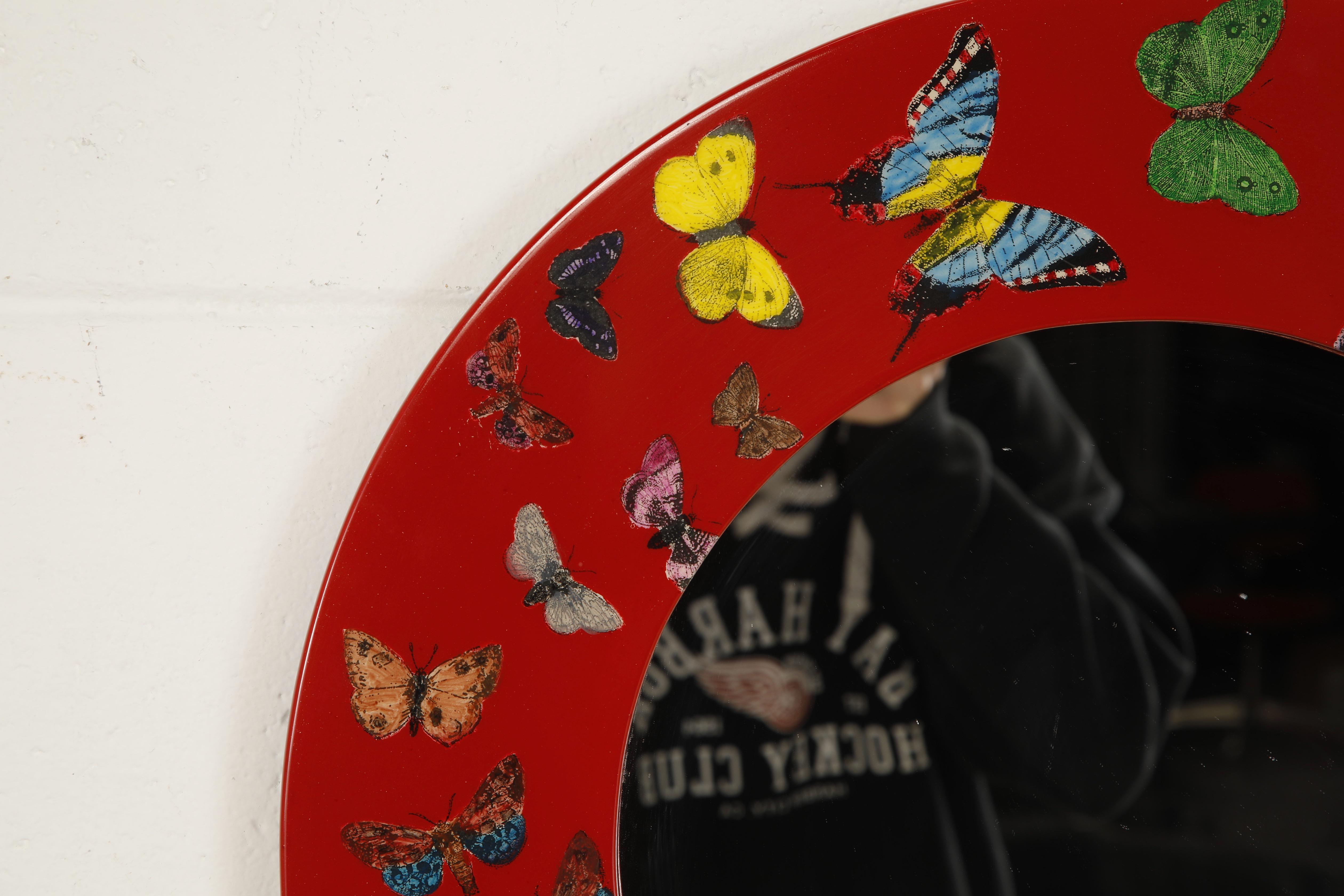 Red 'Butterflies'' Round Mirror by Piero Fornasetti, Signed  For Sale 6