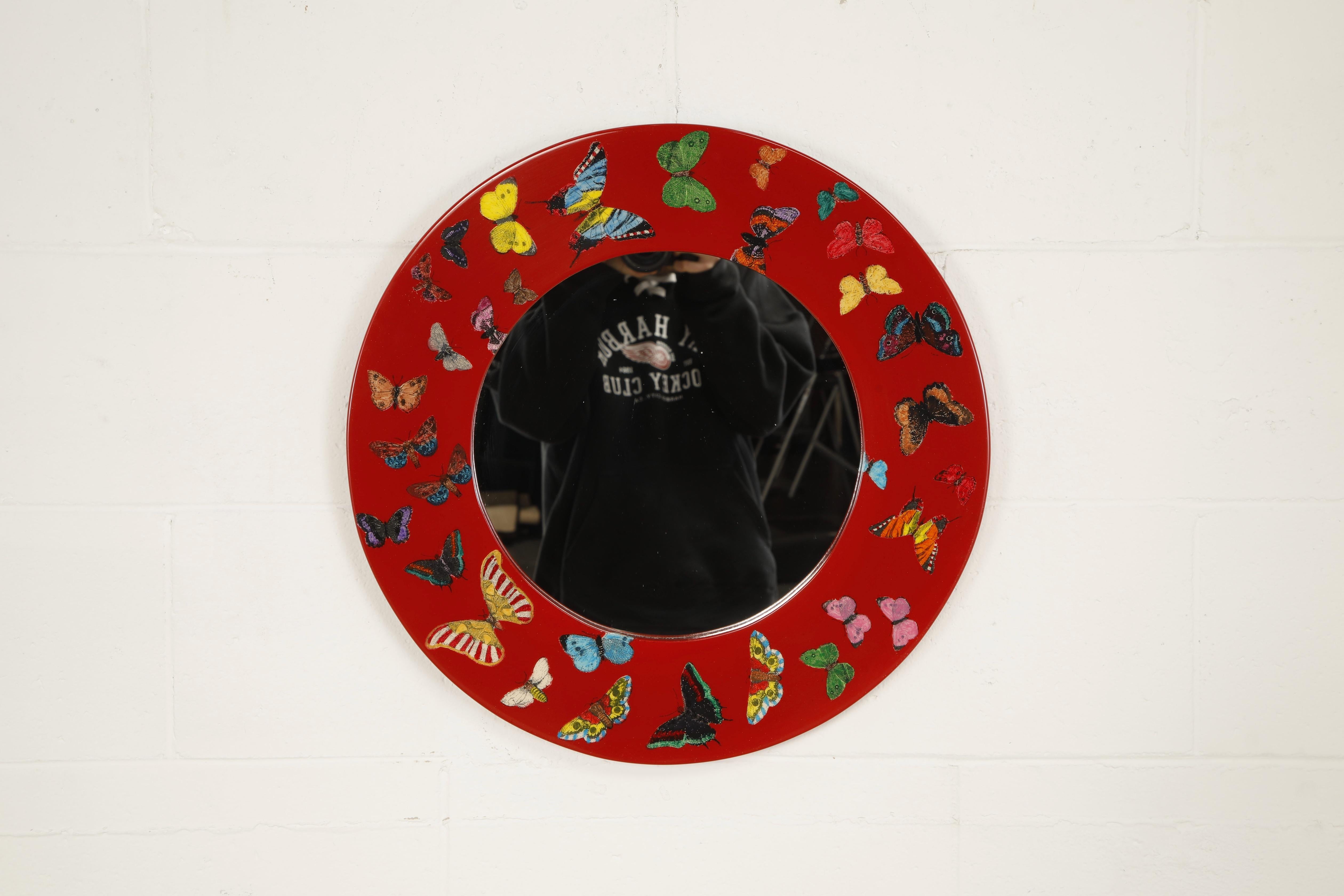 Mid-Century Modern Red 'Butterflies'' Round Mirror by Piero Fornasetti, Signed  For Sale