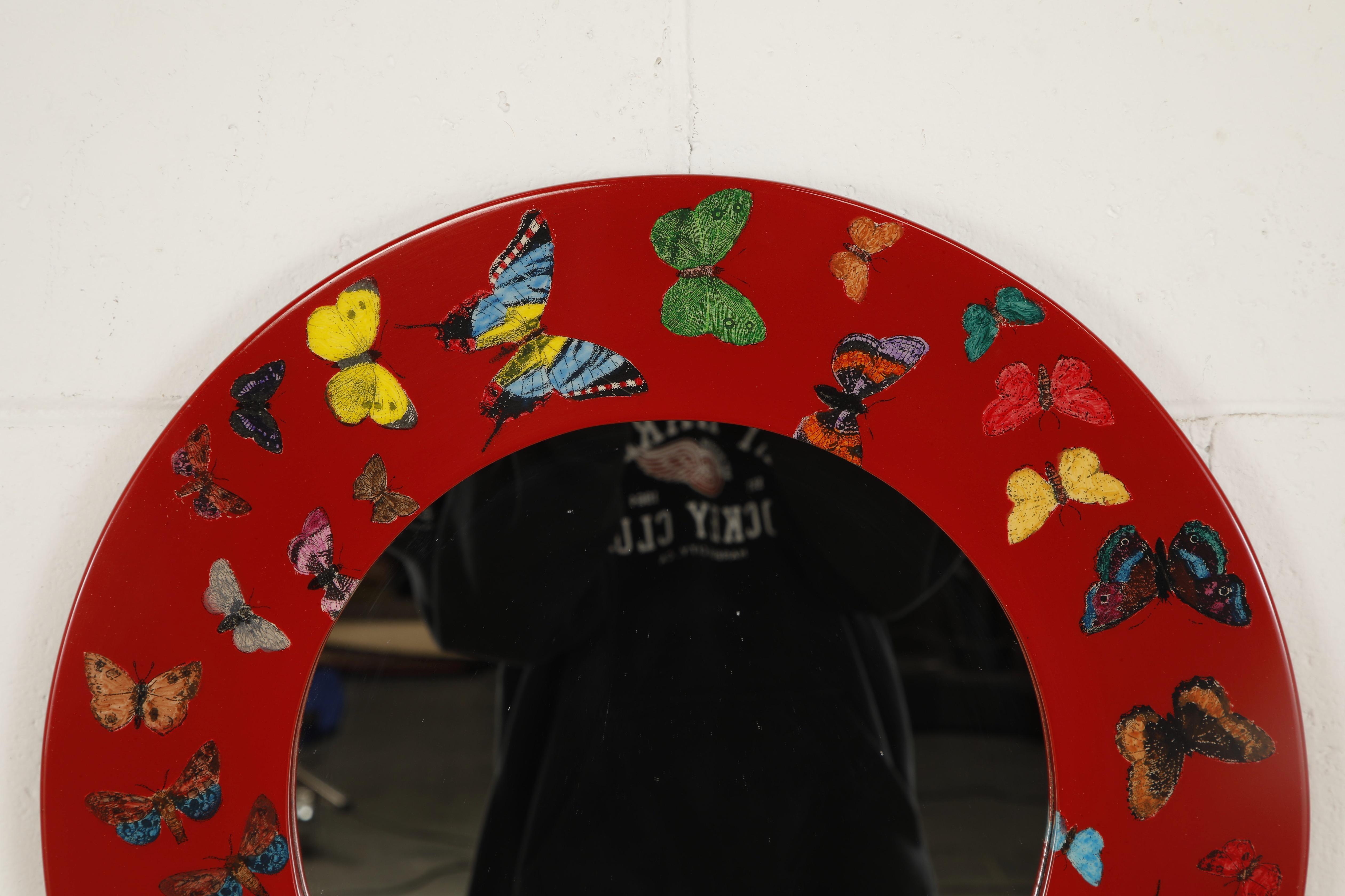 Italian Red 'Butterflies'' Round Mirror by Piero Fornasetti, Signed  For Sale