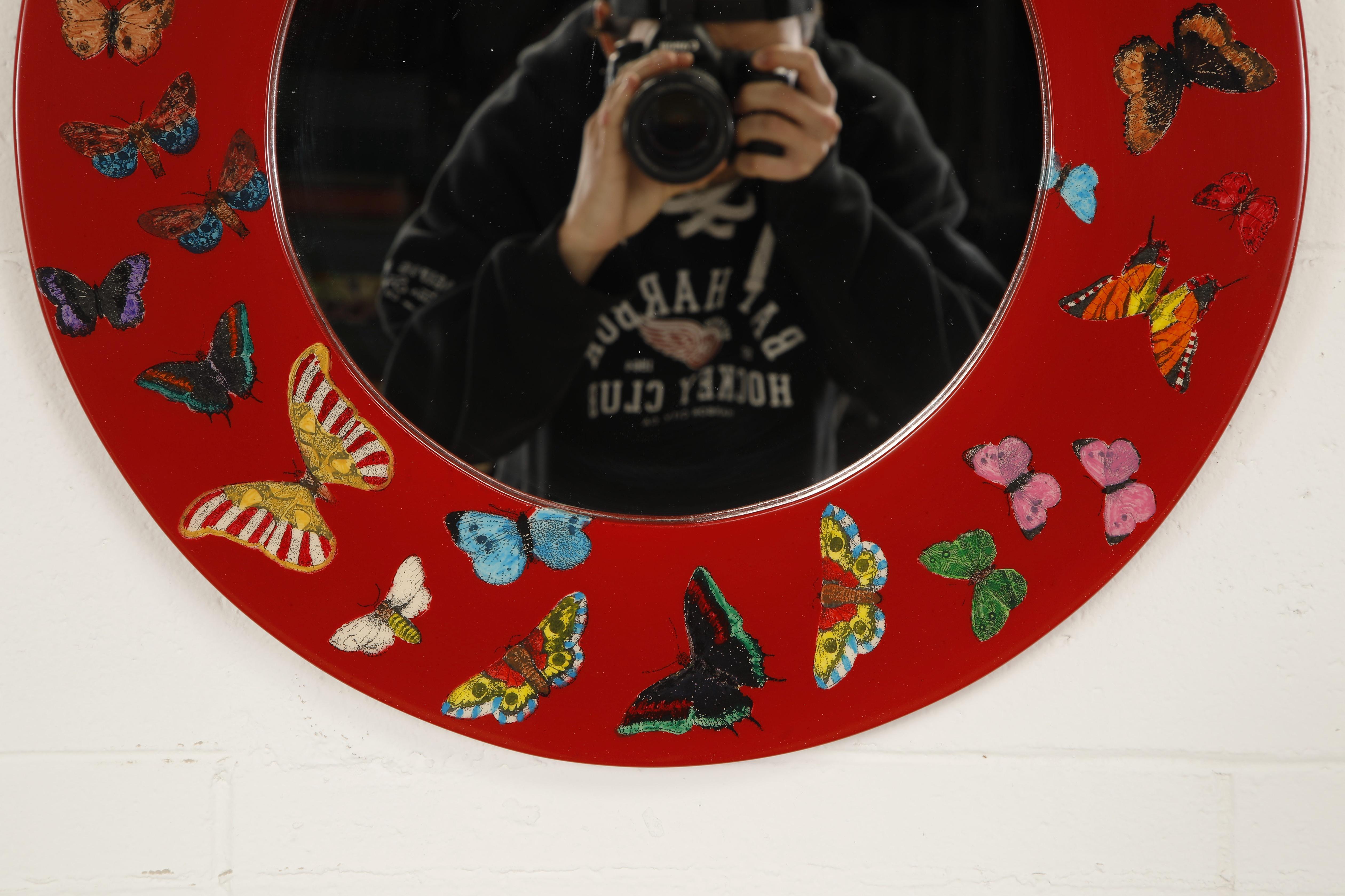 Lacquered Red 'Butterflies'' Round Mirror by Piero Fornasetti, Signed  For Sale