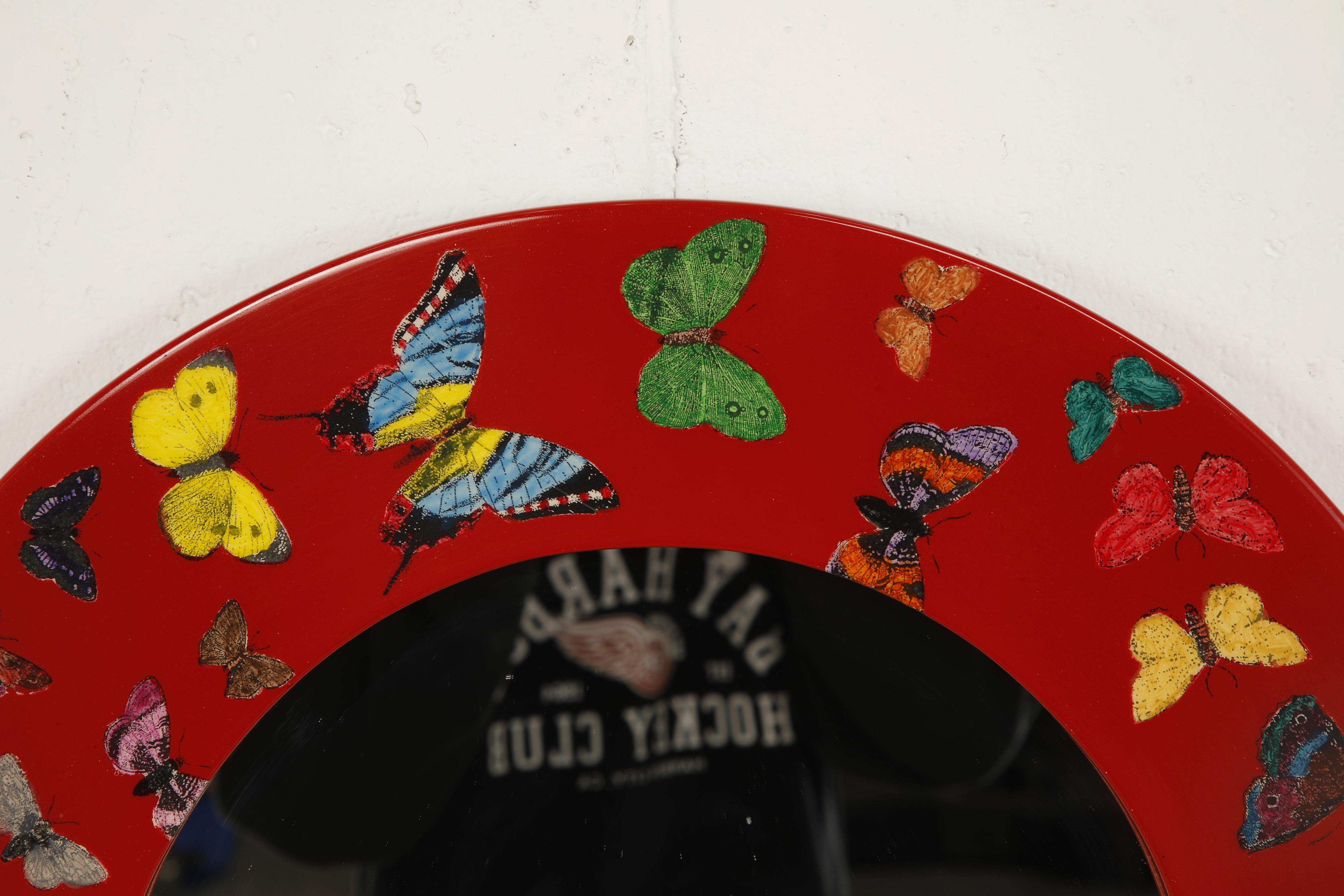 Red 'Butterflies'' Round Mirror by Piero Fornasetti, Signed In Excellent Condition In Los Angeles, CA