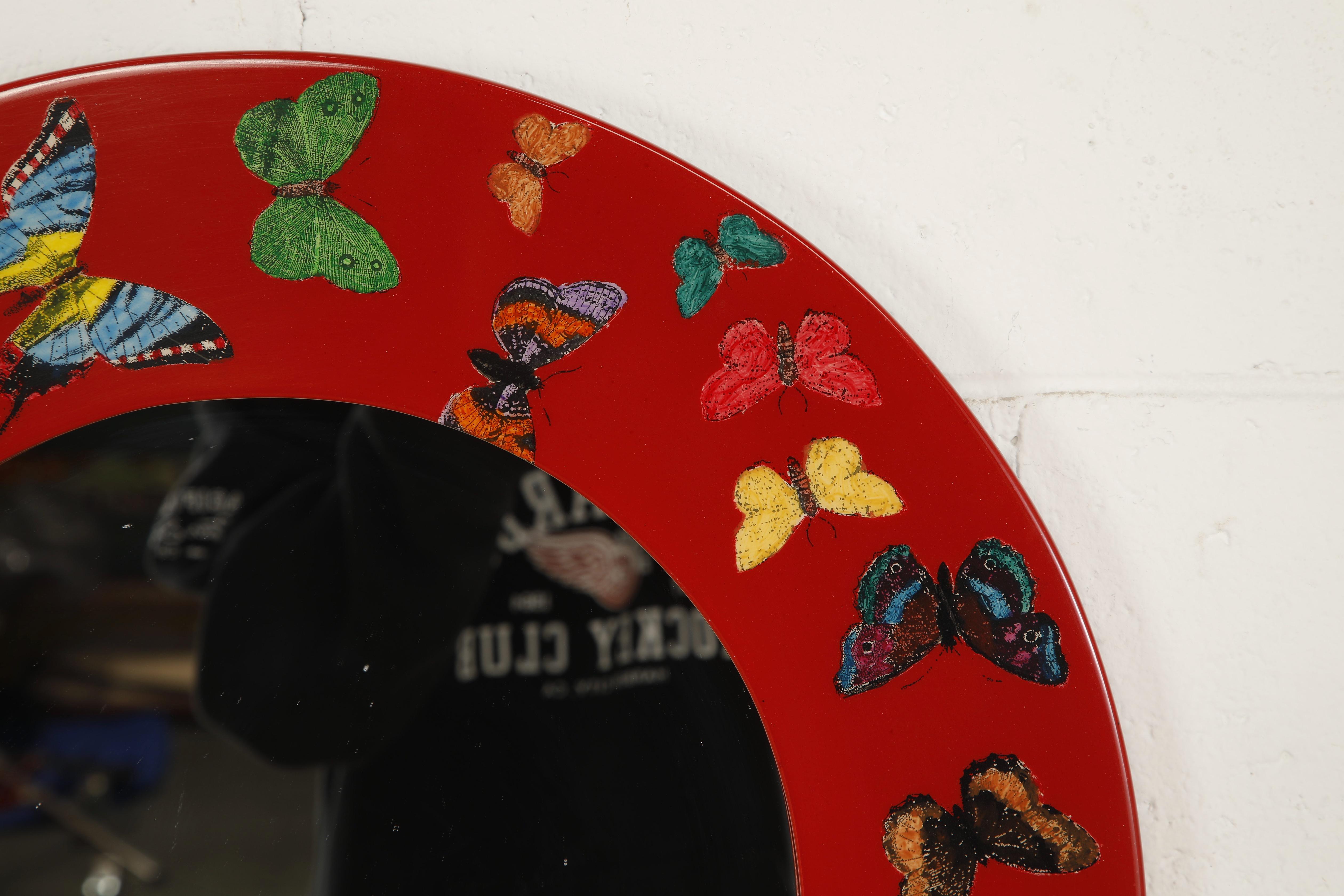 Late 20th Century Red 'Butterflies'' Round Mirror by Piero Fornasetti, Signed  For Sale