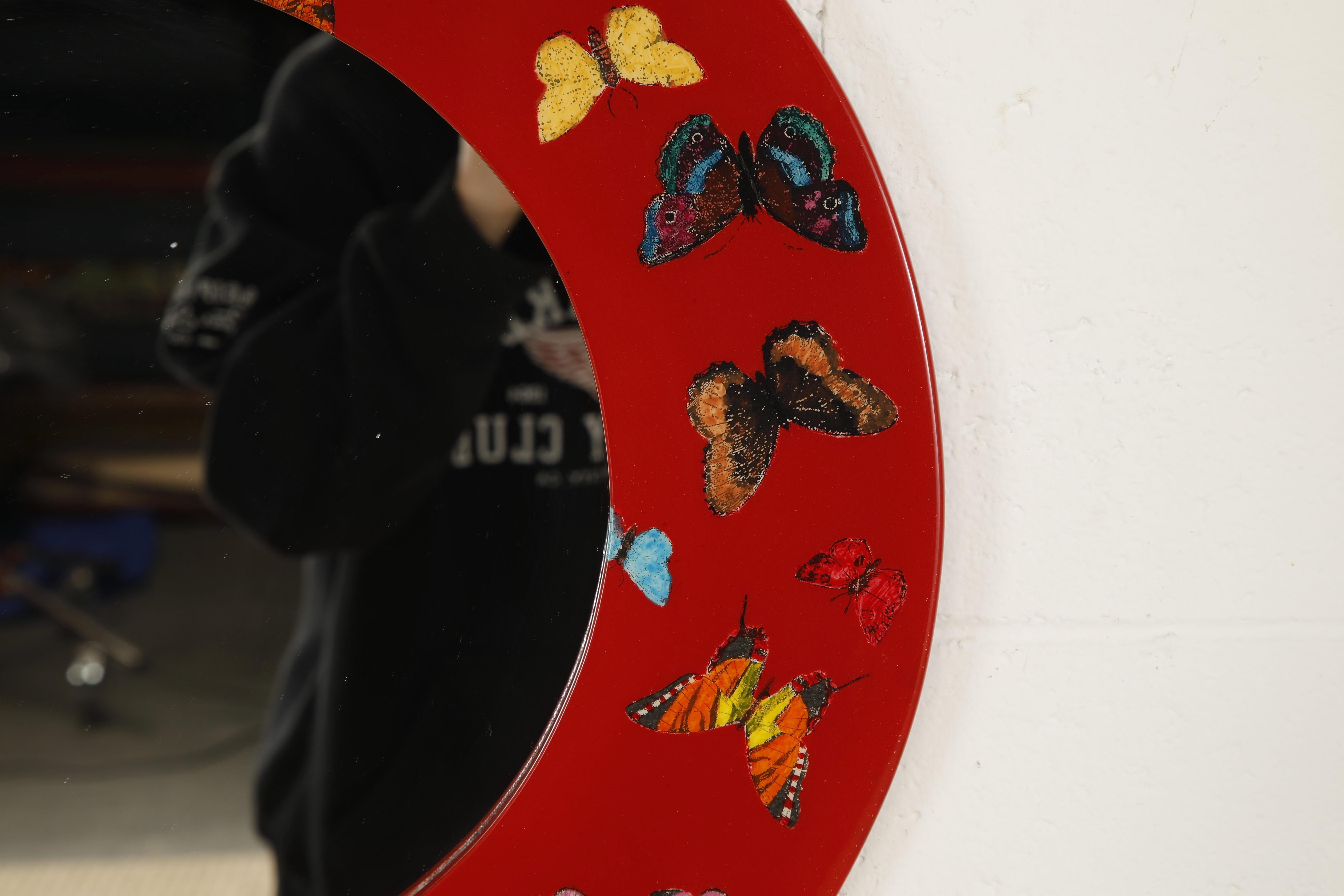Red 'Butterflies'' Round Mirror by Piero Fornasetti, Signed  For Sale 1