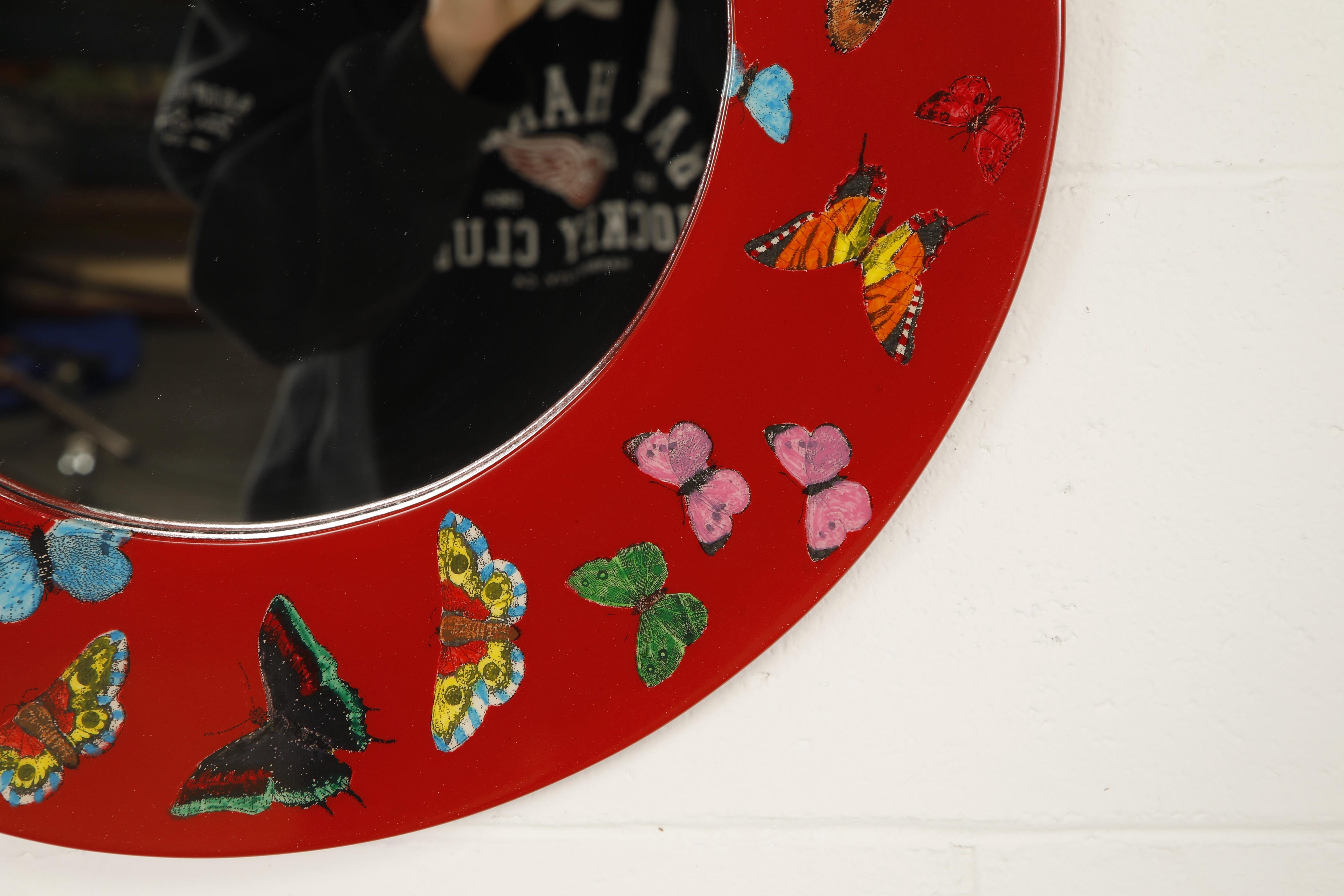 Red 'Butterflies'' Round Mirror by Piero Fornasetti, Signed  For Sale 2