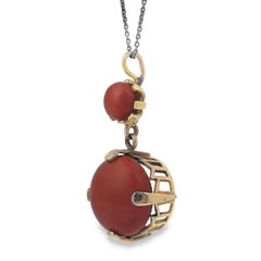 Red Cabochon Coral Pendant Necklace in 14k Yellow Gold