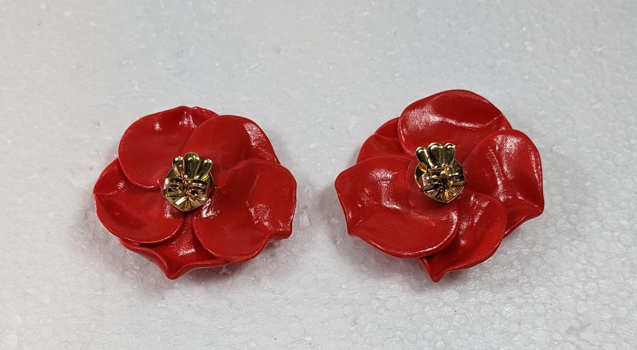 Romantic  Red Camelia Polymer  Earrings with golplated silver closure For Sale