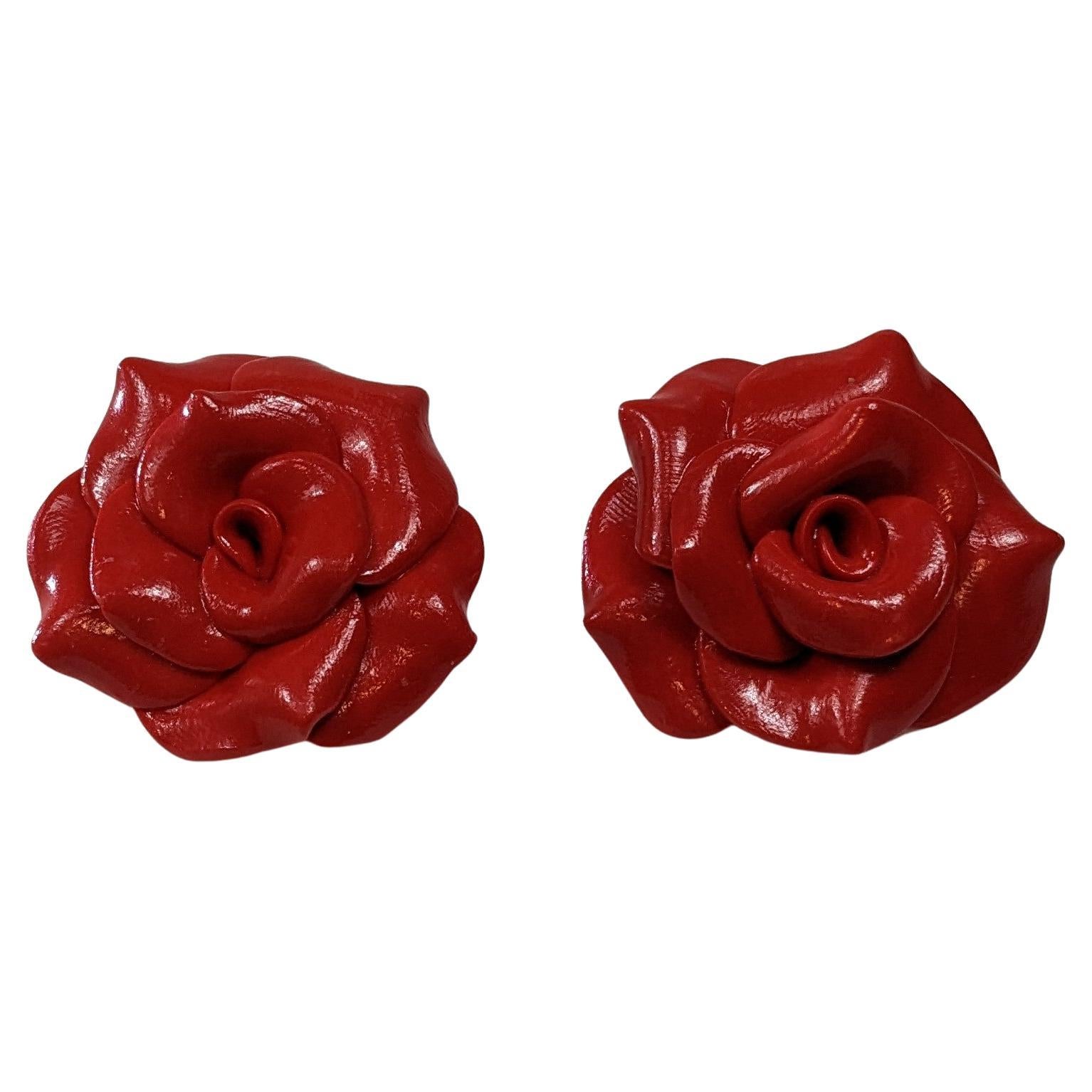 Red Camelia Polymer  Earrings with golplated silver closure For Sale