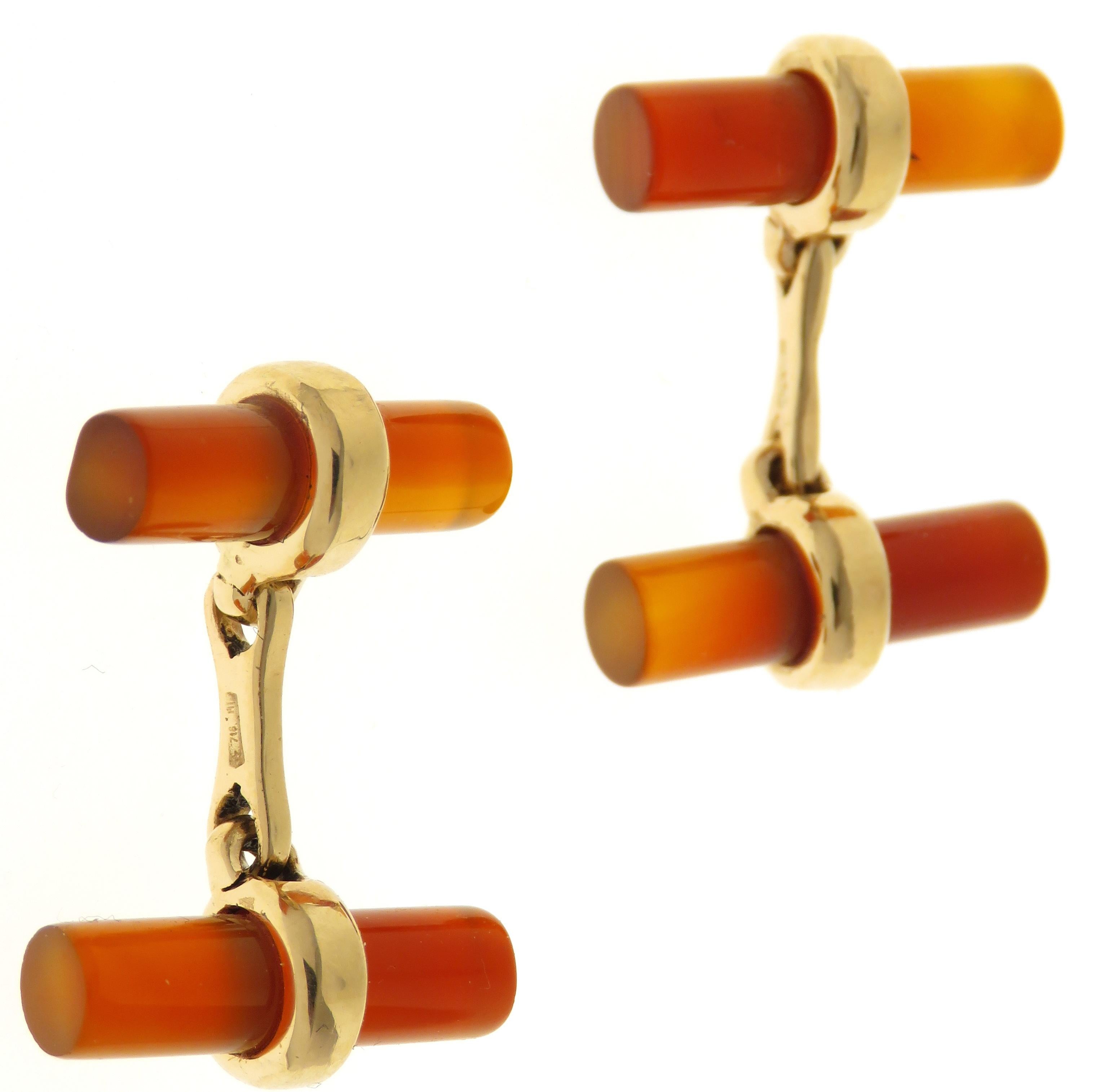 Contemporary Red Carnelian 9 Karat Rose Gold Bar Cufflinks Handcrafted in Italy