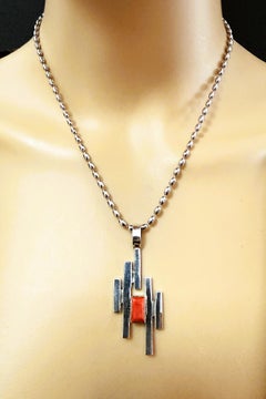 Red Carnelian Coral Modernist Artisan Made 925 Sterling Silver Necklace