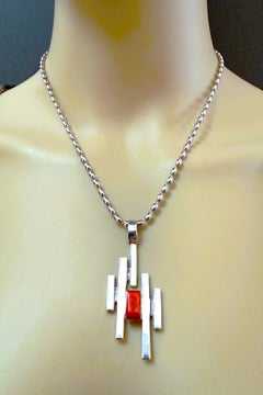 Red Carnelian Coral Modernist Artisan Made 925 Sterling Silver Necklace