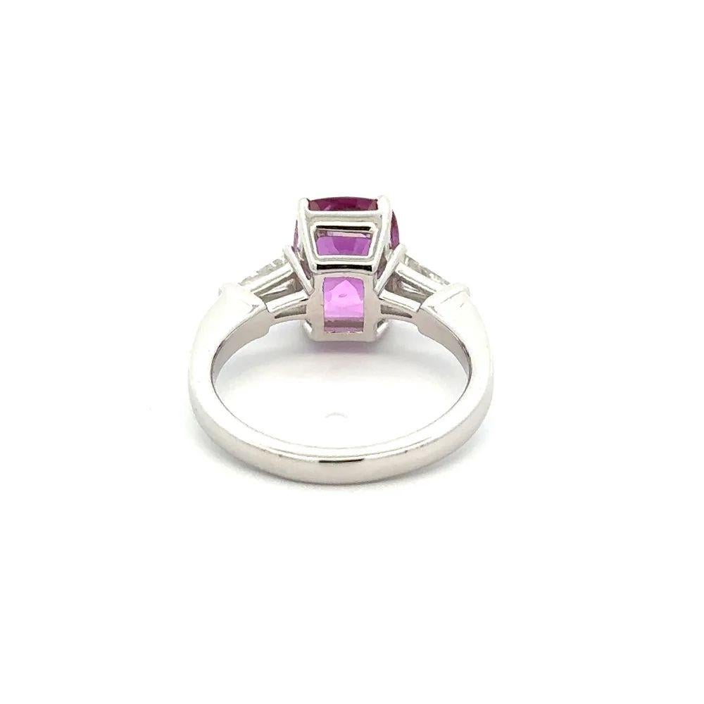 Cushion Cut Red Carpet 3.69 Carat Cushion Pink Sapphire and Baguette Diamond Gold Ring For Sale