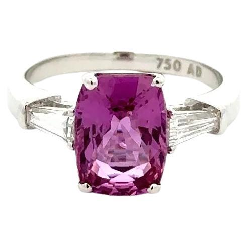 Red Carpet 3.69 Carat Cushion Pink Sapphire and Baguette Diamond Gold Ring For Sale