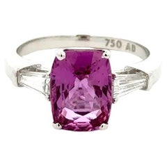 Red Carpet 3.69 Carat Cushion Pink Sapphire and Baguette Diamond Gold Ring