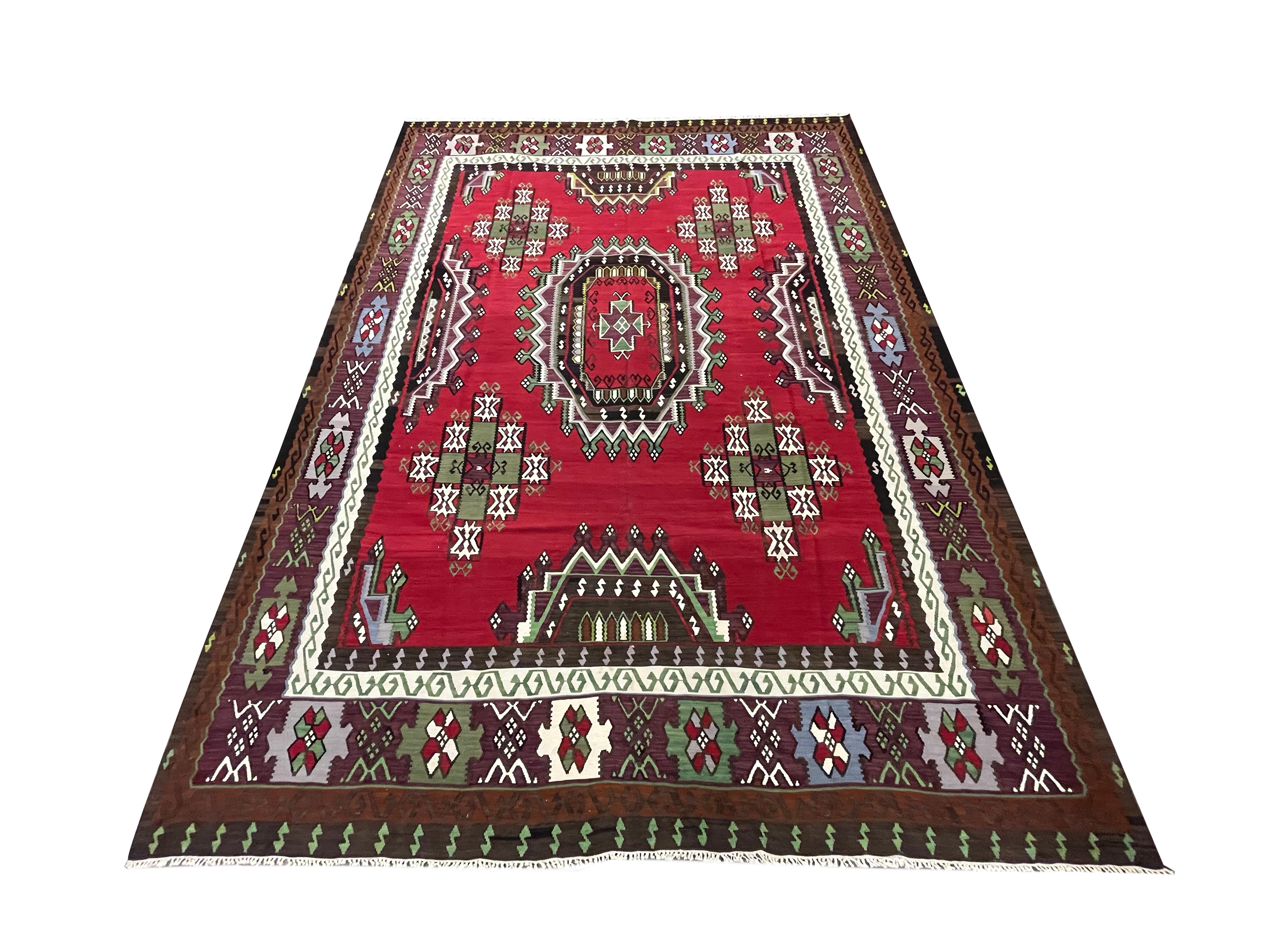 Turkish Red Carpet Antique Kilim Rug Handmade Flatwoven Geometric Rug For Sale