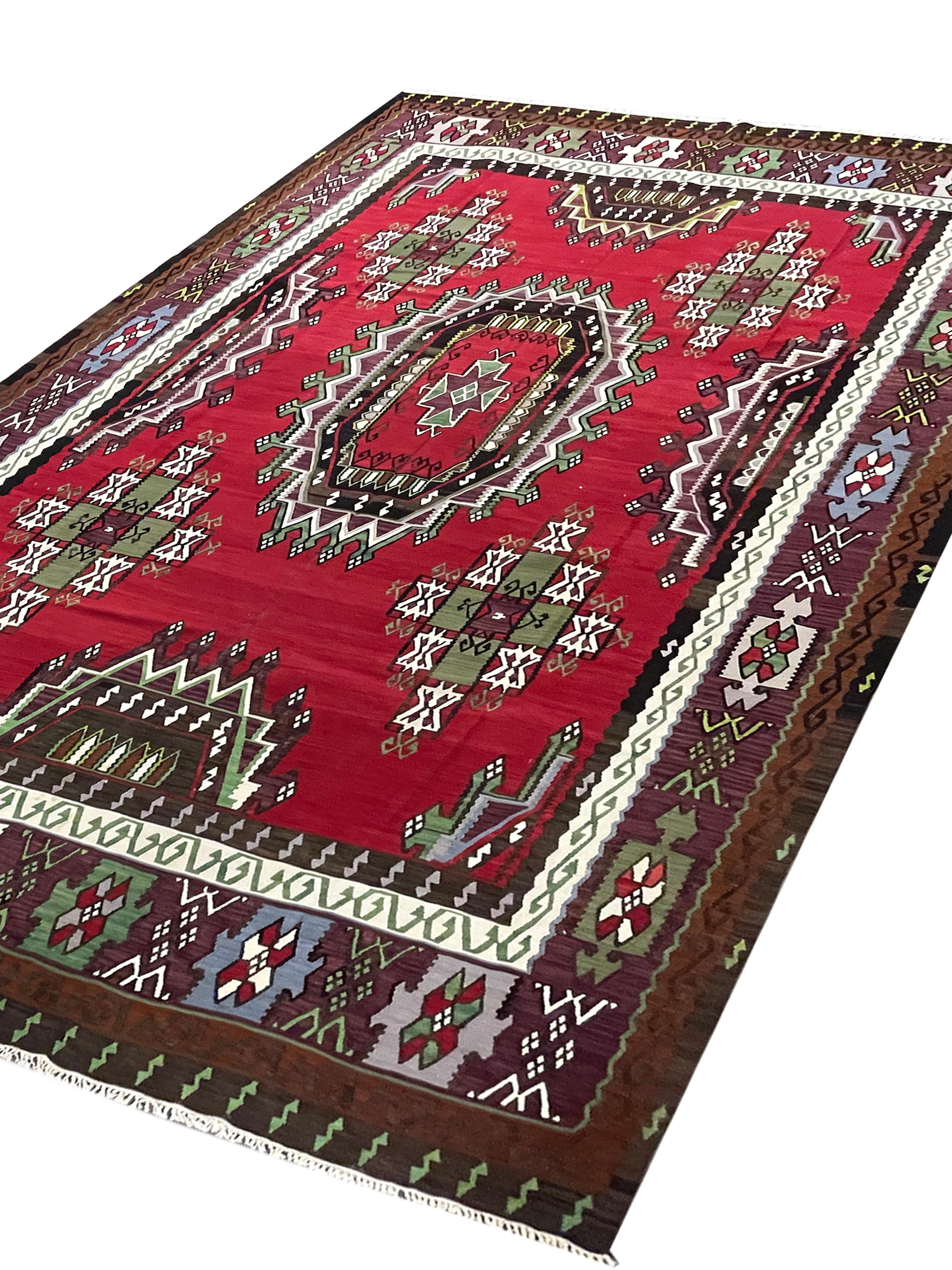 Hand-Knotted Red Carpet Antique Kilim Rug Handmade Flatwoven Geometric Rug For Sale