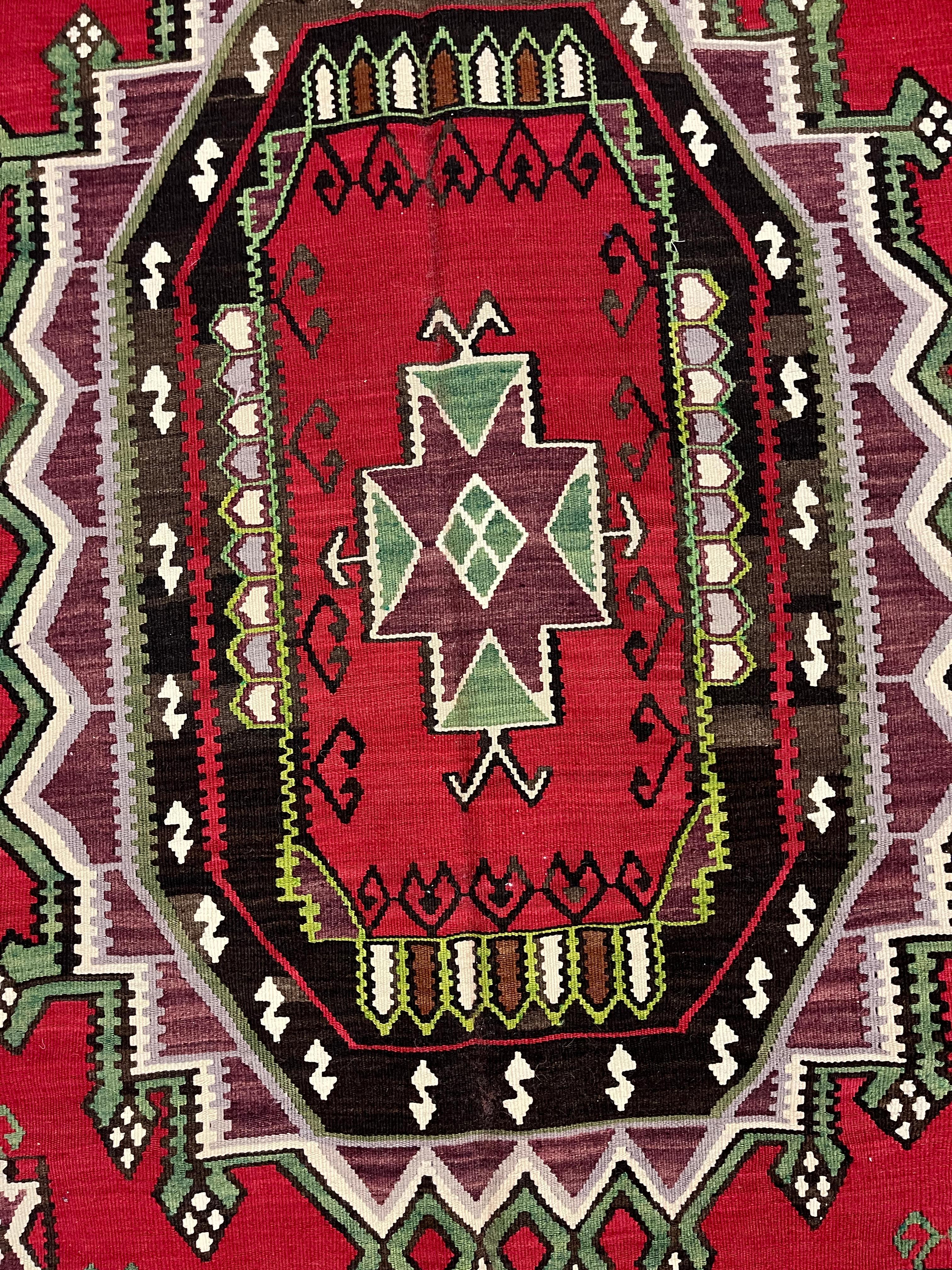 Wool Red Carpet Antique Kilim Rug Handmade Flatwoven Geometric Rug For Sale