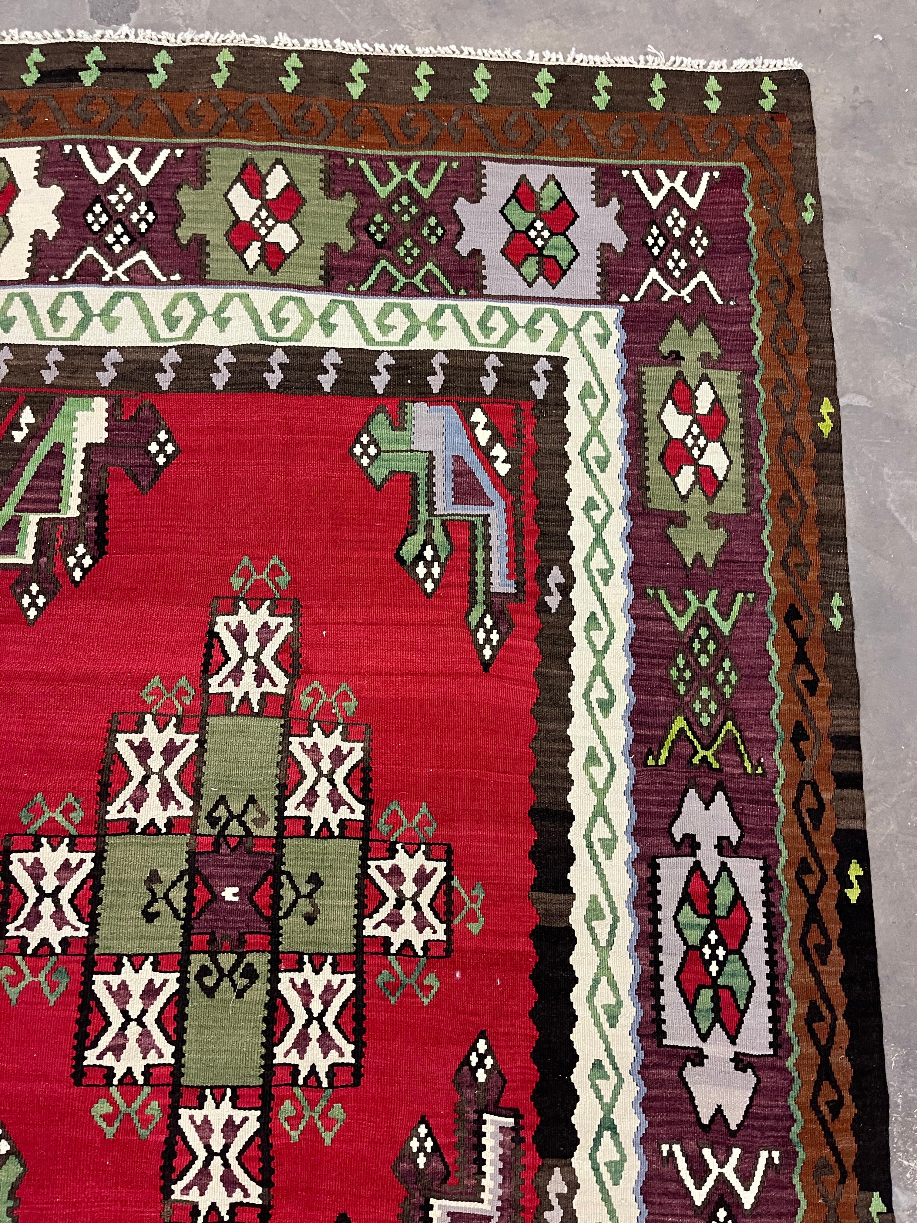 Red Carpet Antique Kilim Rug Handmade Flatwoven Geometric Rug For Sale 1