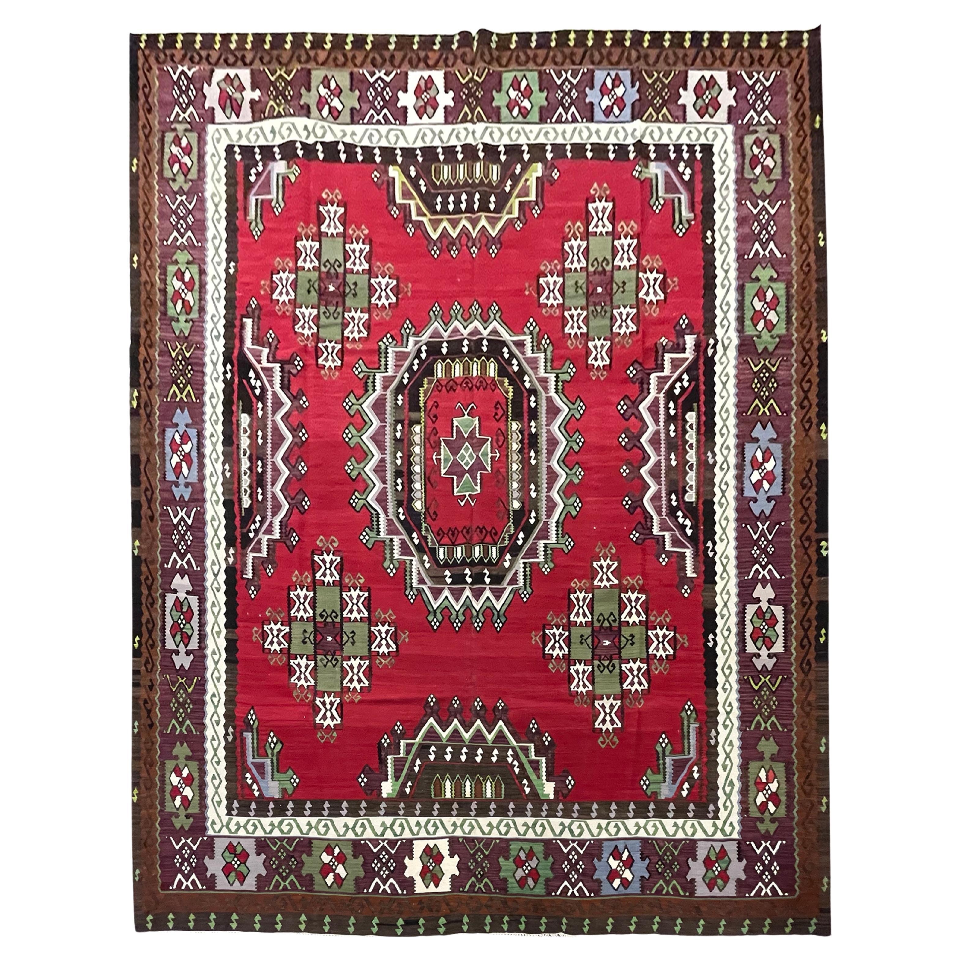 Red Carpet Antique Kilim Rug Handmade Flatwoven Geometric Rug For Sale