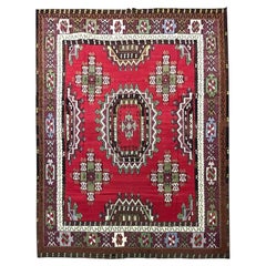 Tapis Kilim rouge ancien tissé à la main - Tapis géométrique tissé à plat