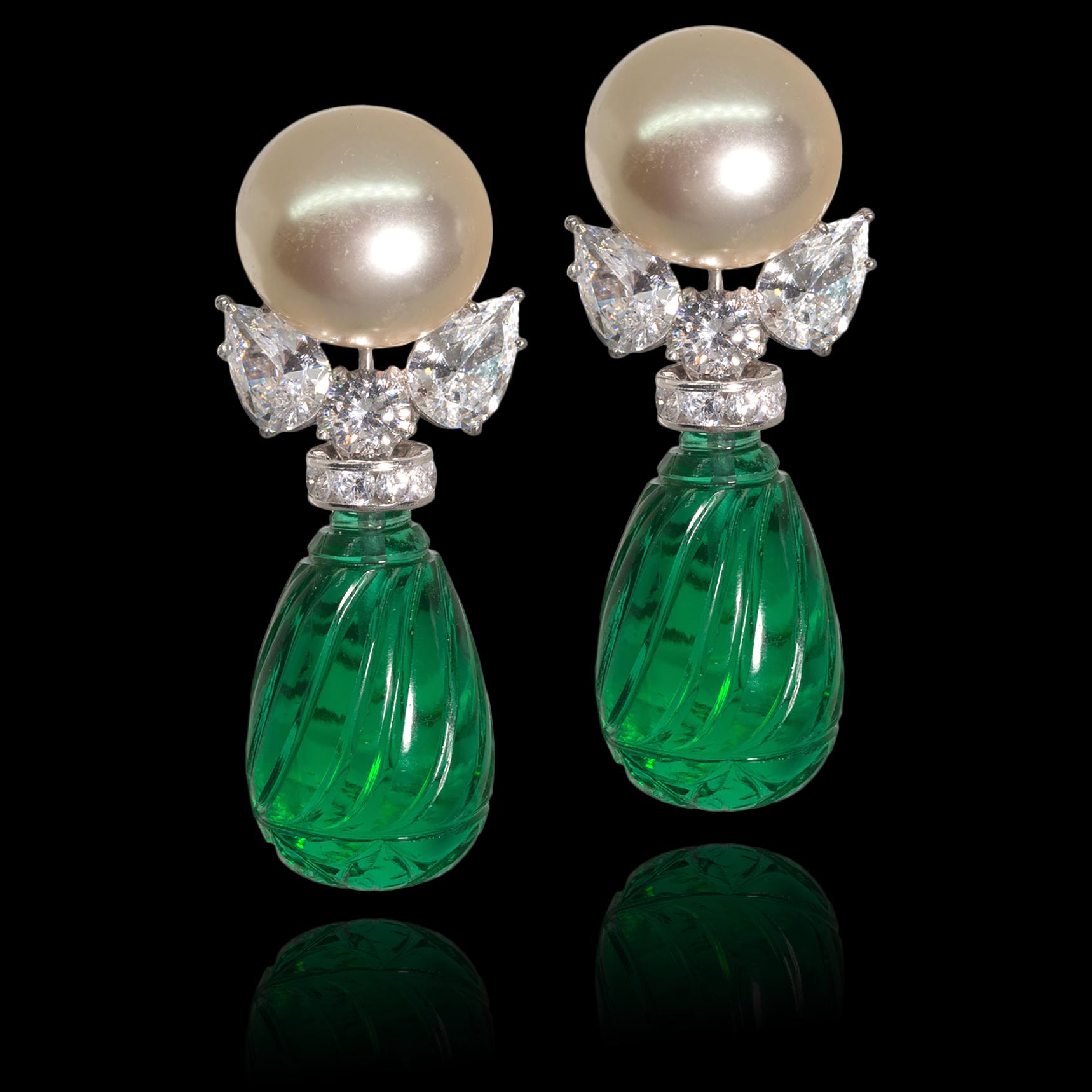 Art Deco Costume Jewelry Mabe Pearl Diamond  Emerald Earclips by Clive Kandel In New Condition In New York, NY