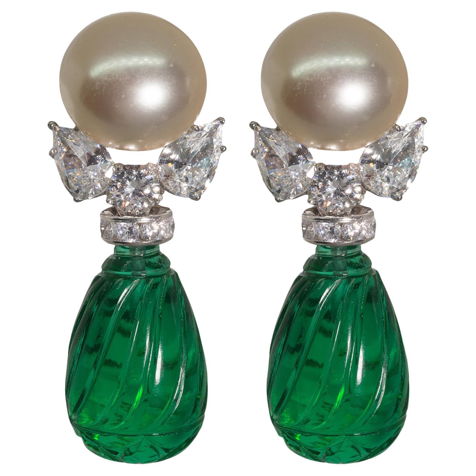 Art Deco Costume Jewelry Mabe Pearl Diamond  Emerald Earclips by Clive Kandel
