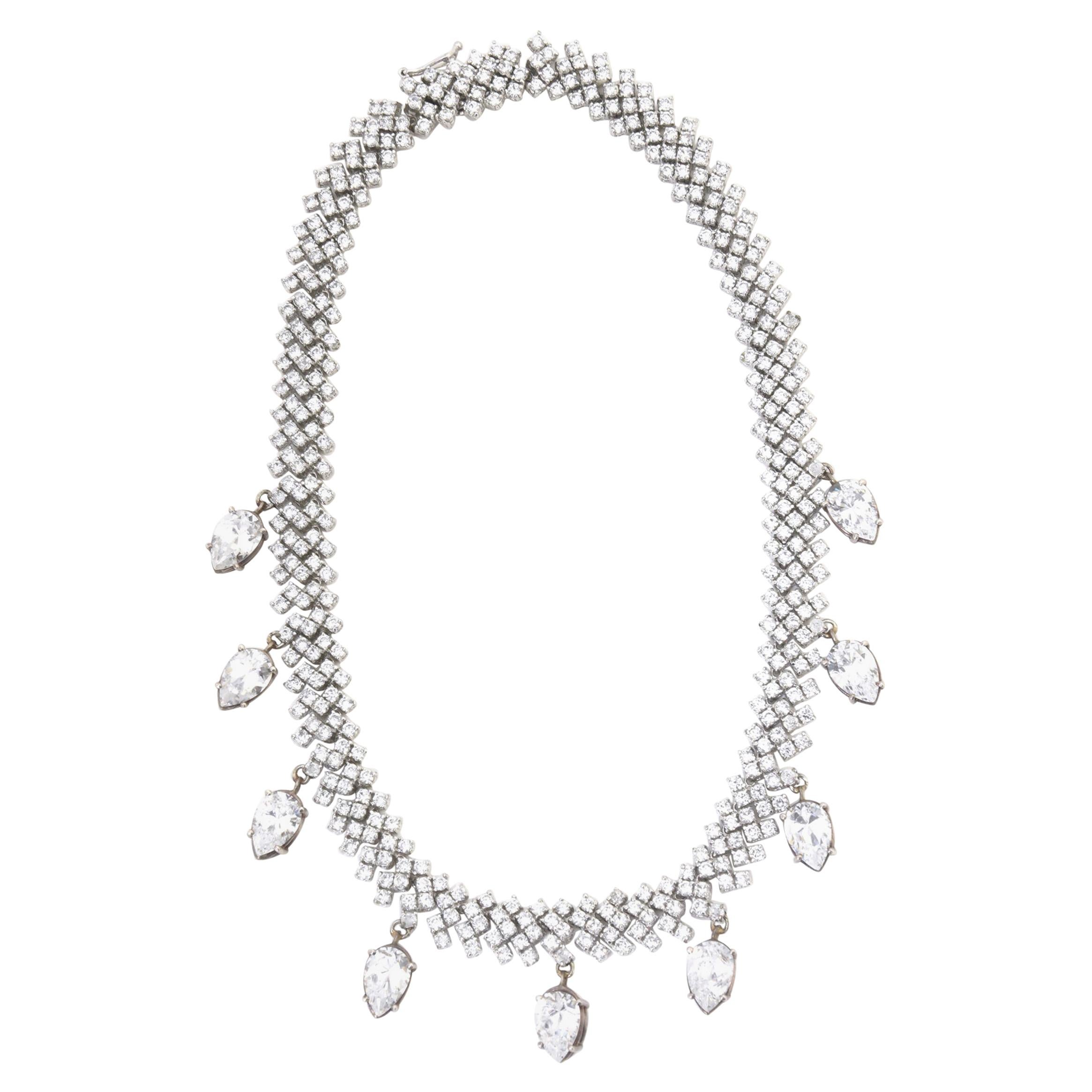 Red Carpet Crystal Tennis Necklace with Pear Shaped Crystal Drops For Sale
