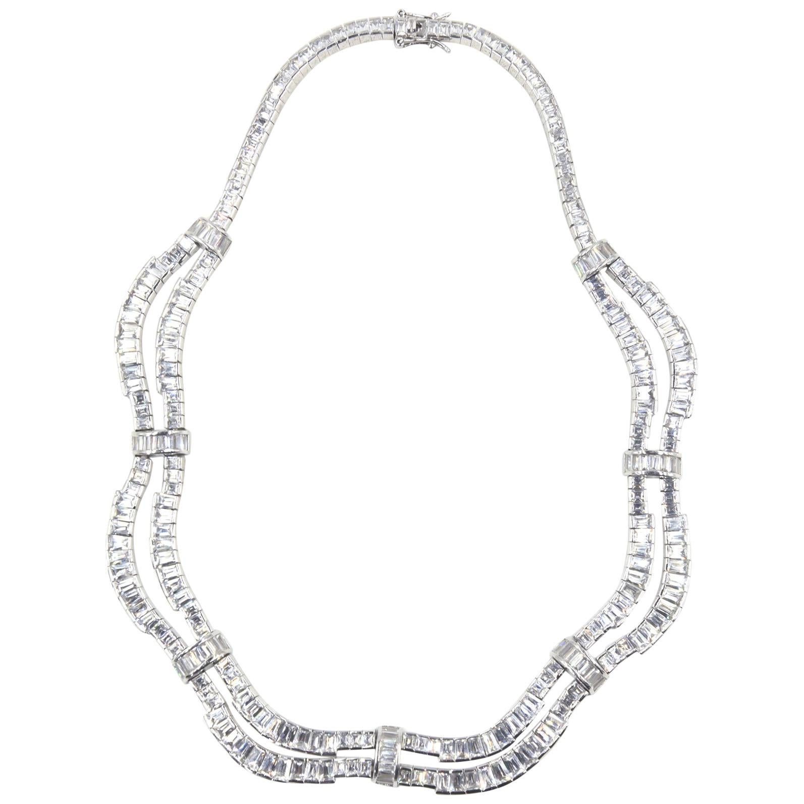 Red Carpet Drape Emerald Cut CZ Sterling Silver Statement or Bridal Necklace  For Sale