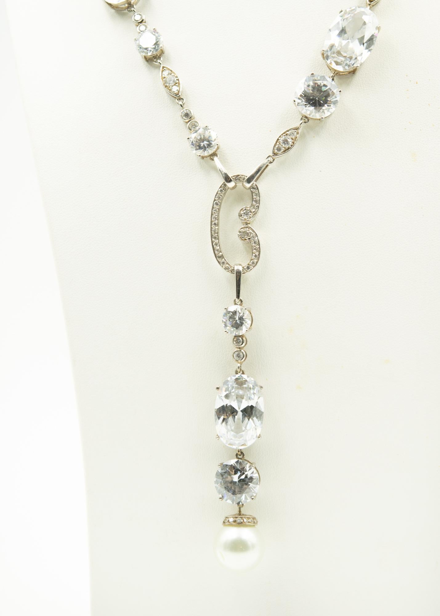 Red Carpet Gala Style CZ Crystal Pearl Sterling Drop Décolletage Necklace  In Good Condition In Miami Beach, FL