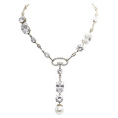 Red Carpet Gala Style CZ Crystal Pearl Sterling Drop Décolletage Necklace