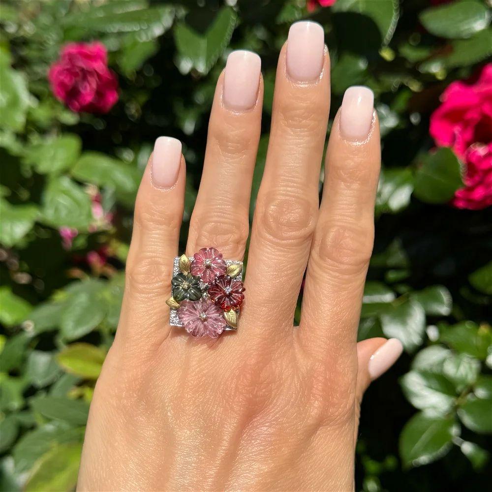 Modern Red Carpet Tourmaline Flowers and Diamond Platinum and Gold Statement Ring For Sale