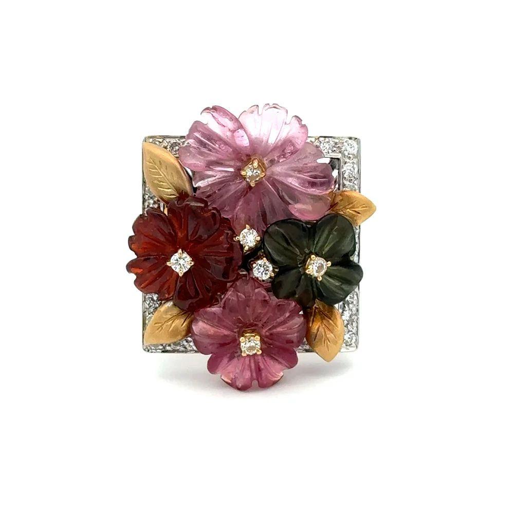 Mixed Cut Red Carpet Tourmaline Flowers and Diamond Platinum and Gold Statement Ring For Sale