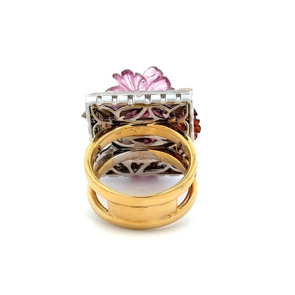 Red Carpet Tourmaline Flowers and Diamond Platinum and Gold Statement Ring In Excellent Condition For Sale In Montreal, QC