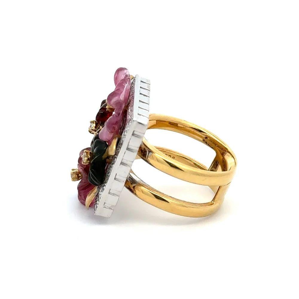 Women's Red Carpet Tourmaline Flowers and Diamond Platinum and Gold Statement Ring For Sale