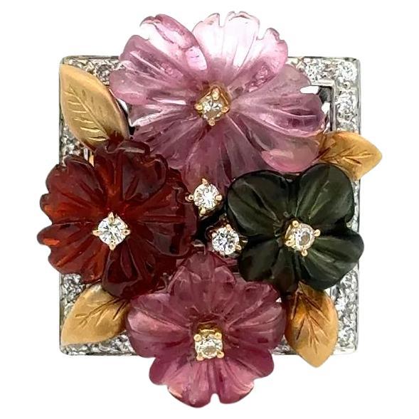Red Carpet Tourmaline Flowers and Diamond Platinum and Gold Statement Ring For Sale