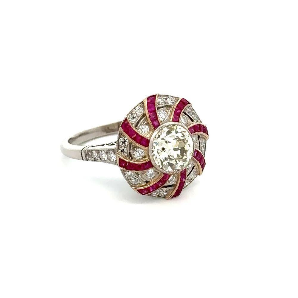 Simply Beautiful Show Stopper! Finely detailed Old European Cut Diamond and Natural Red Ruby Red Carpet Platinum Statement Cocktail Ring. Centering a securely nestled Hand set 1.42 Carat OEC Diamond. Surrounded by Diamonds, weighing approx. 0.48tcw