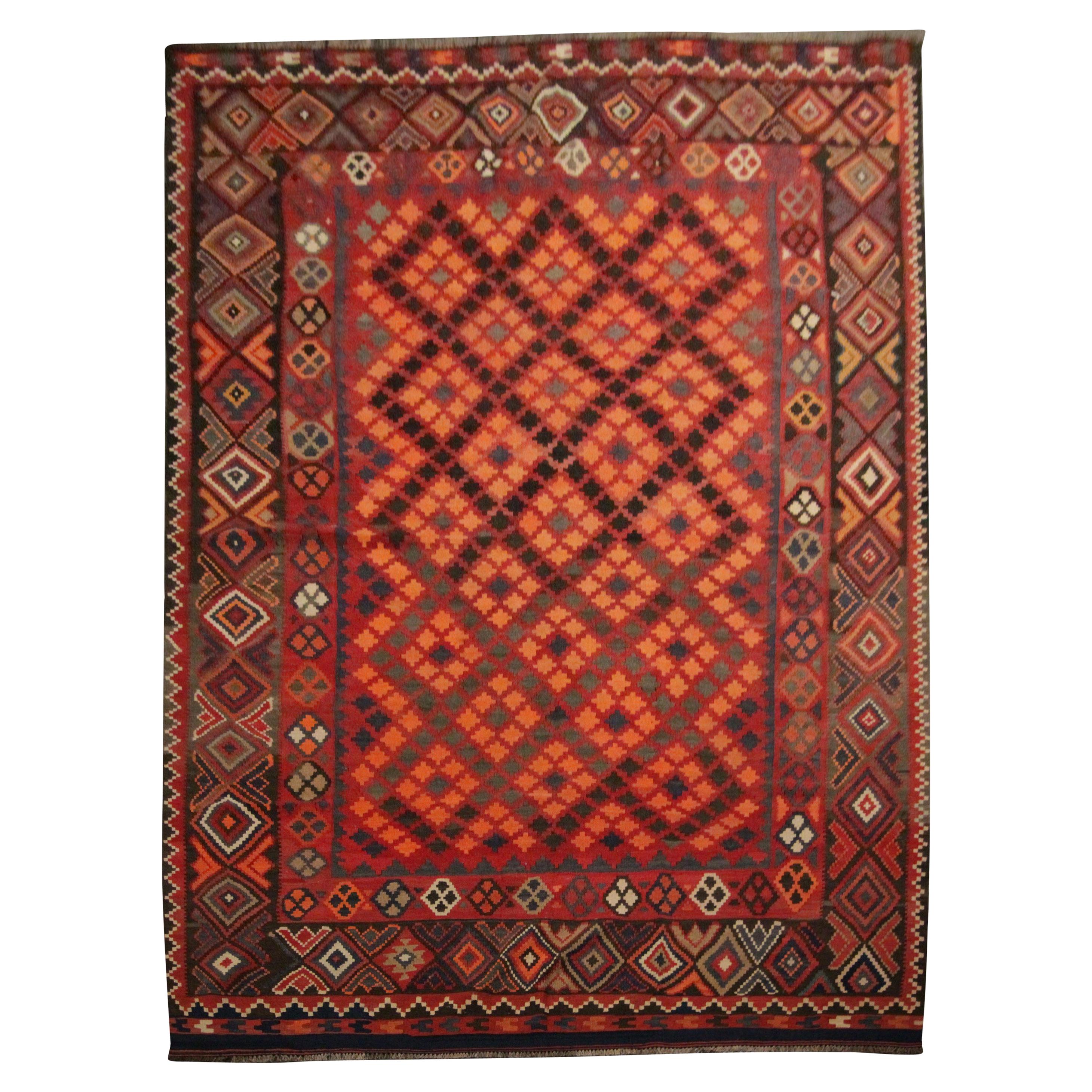 Roter Teppich aus Wolle und Kelim, handgefertigter traditioneller kaukasischer Teppich