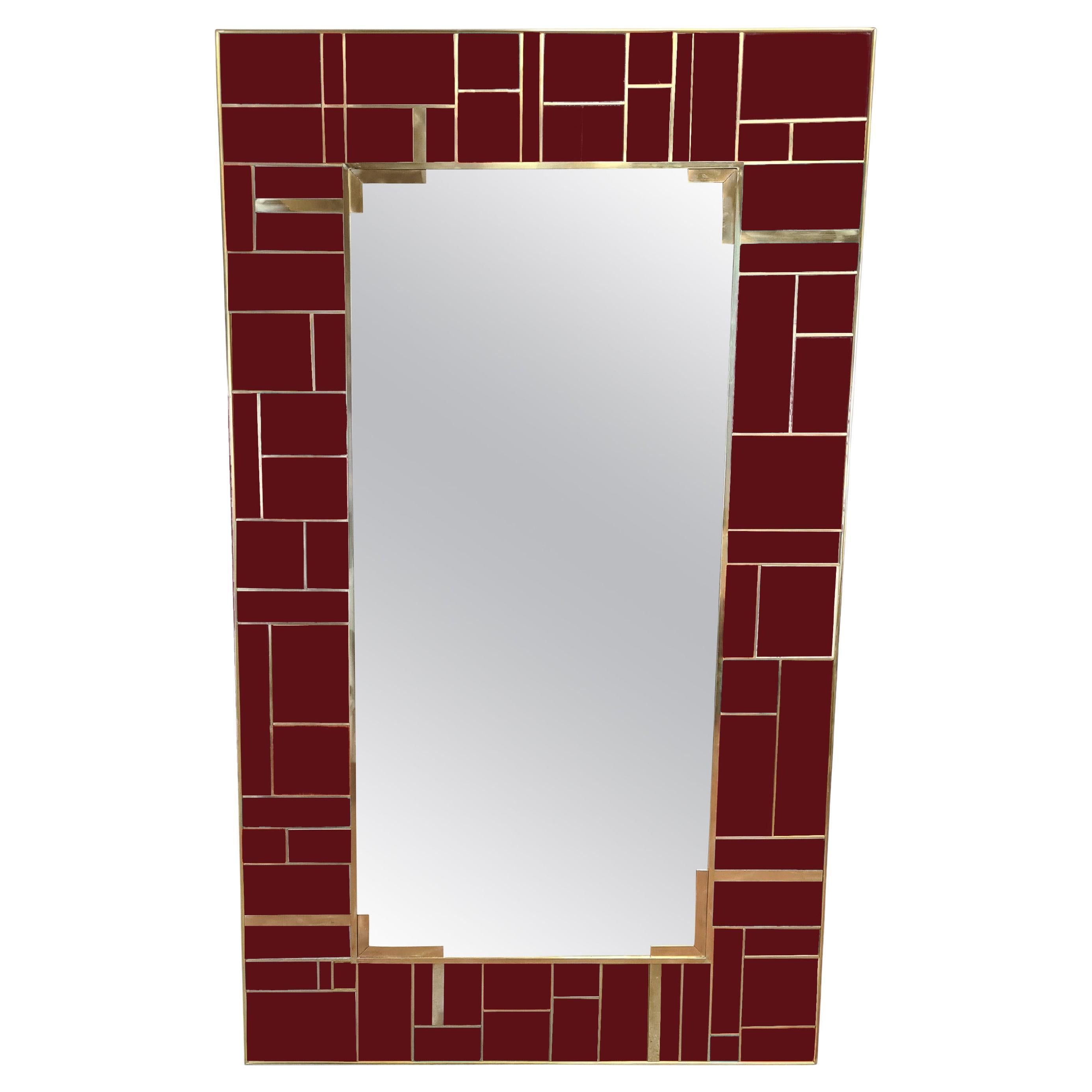 Red Cartier Murano Glass Mirror with Brass Inserts, Made in Italy, Available