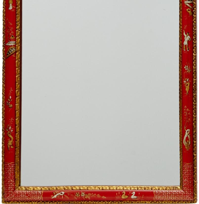 Gilt Red Carvers' Guild Queen Anne Style Hand Gilded and Painted Chinoiserie Mirror 