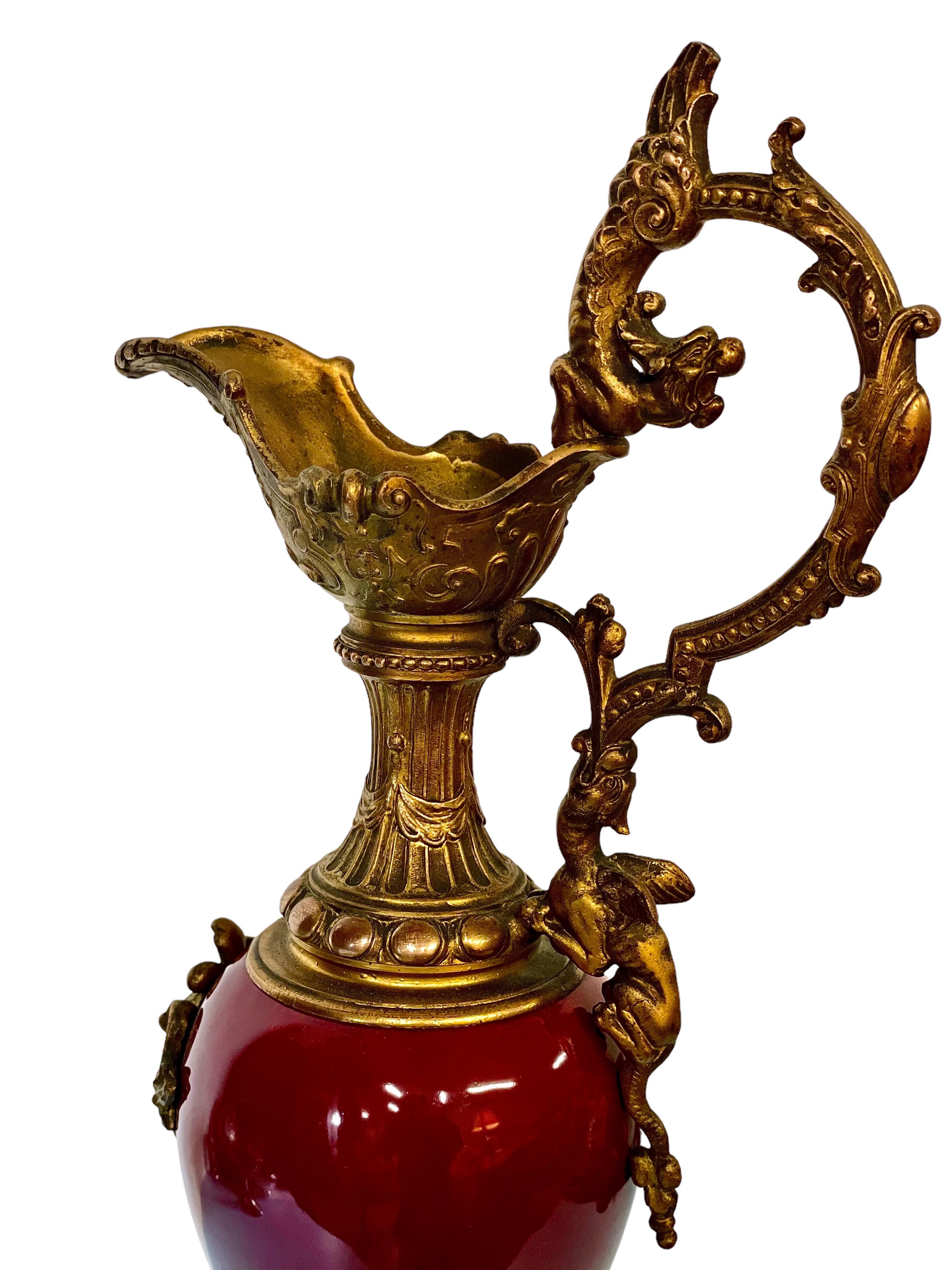 Renaissance Red Ceramic and Gilt Bronze Antique Ewer Urn For Sale