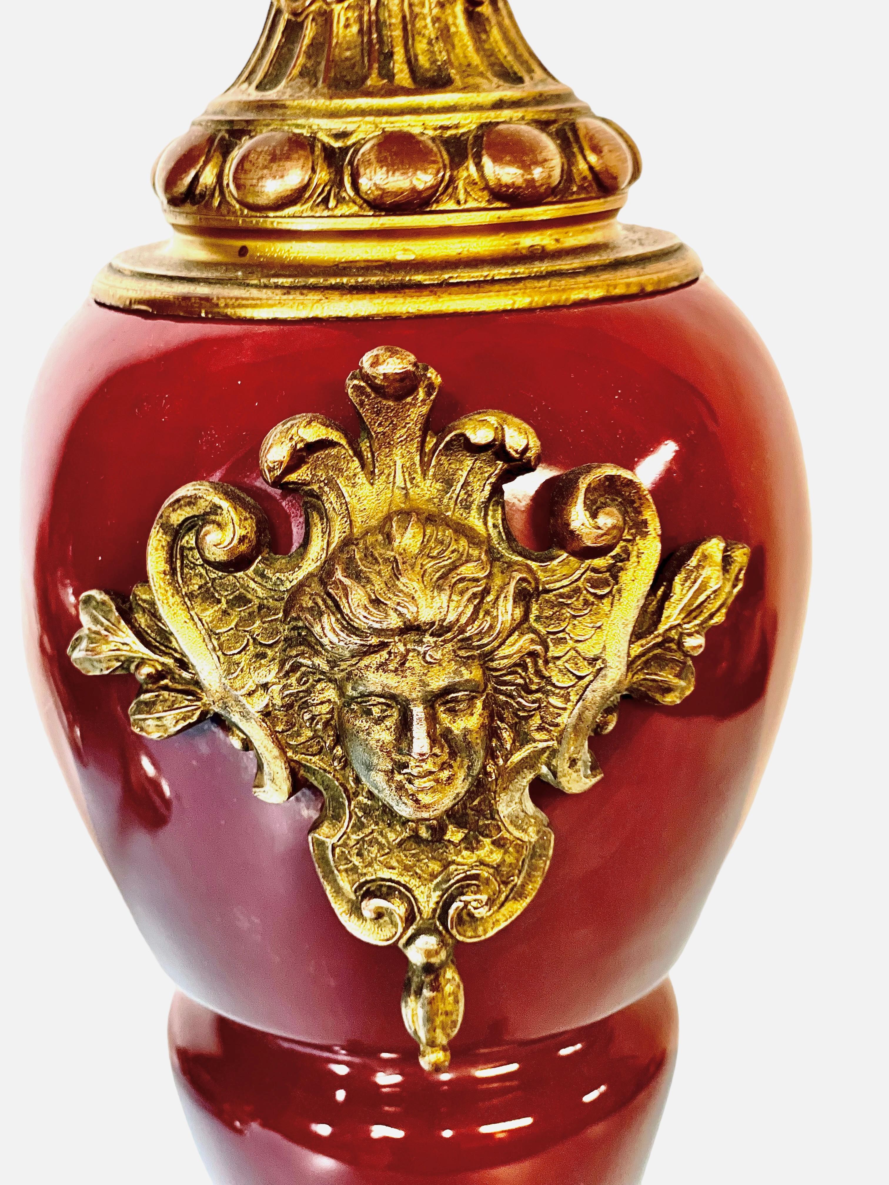 French Red Ceramic and Gilt Bronze Antique Ewer Urn For Sale