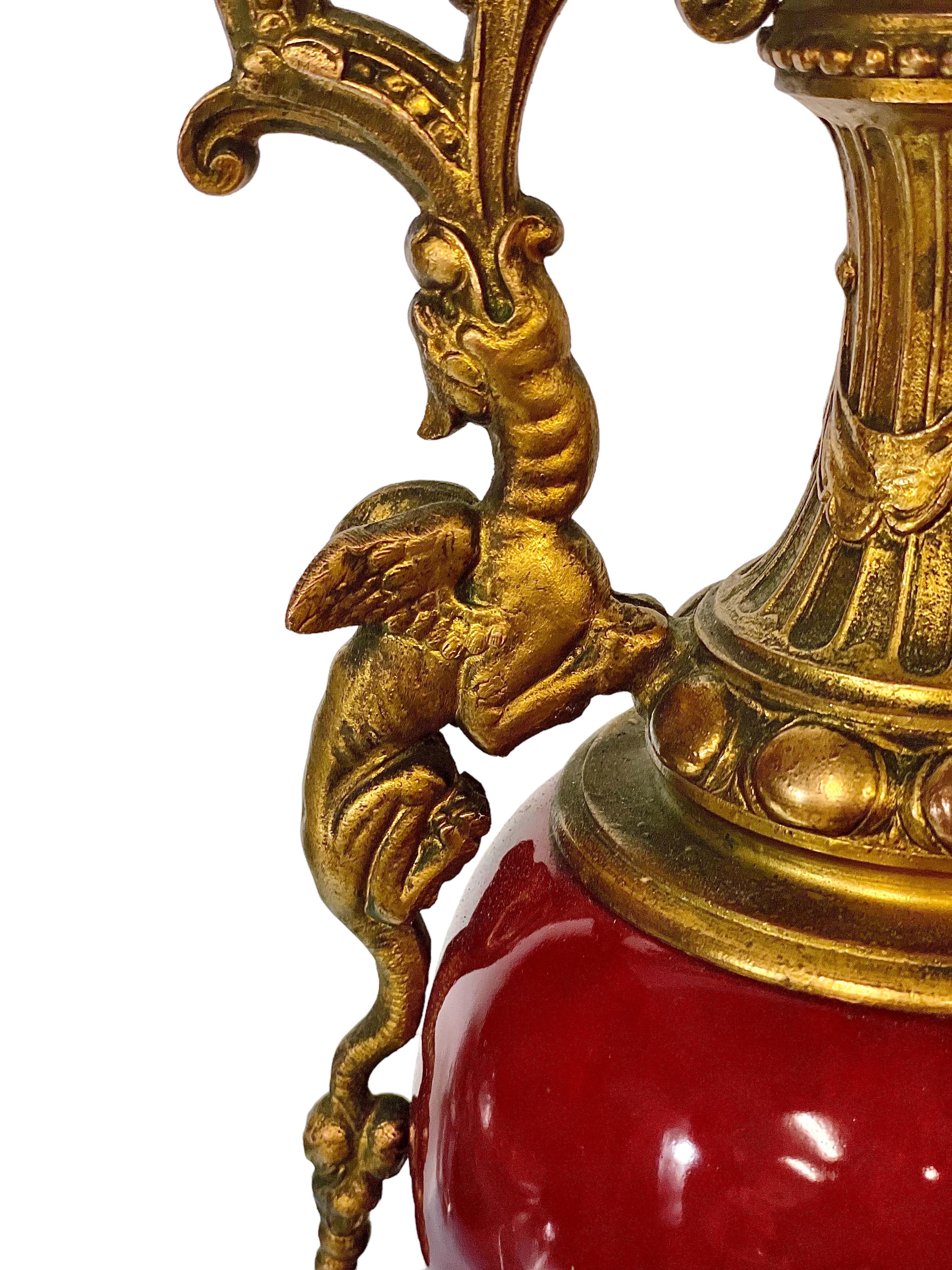 Early 20th Century Red Ceramic and Gilt Bronze Antique Ewer Urn For Sale
