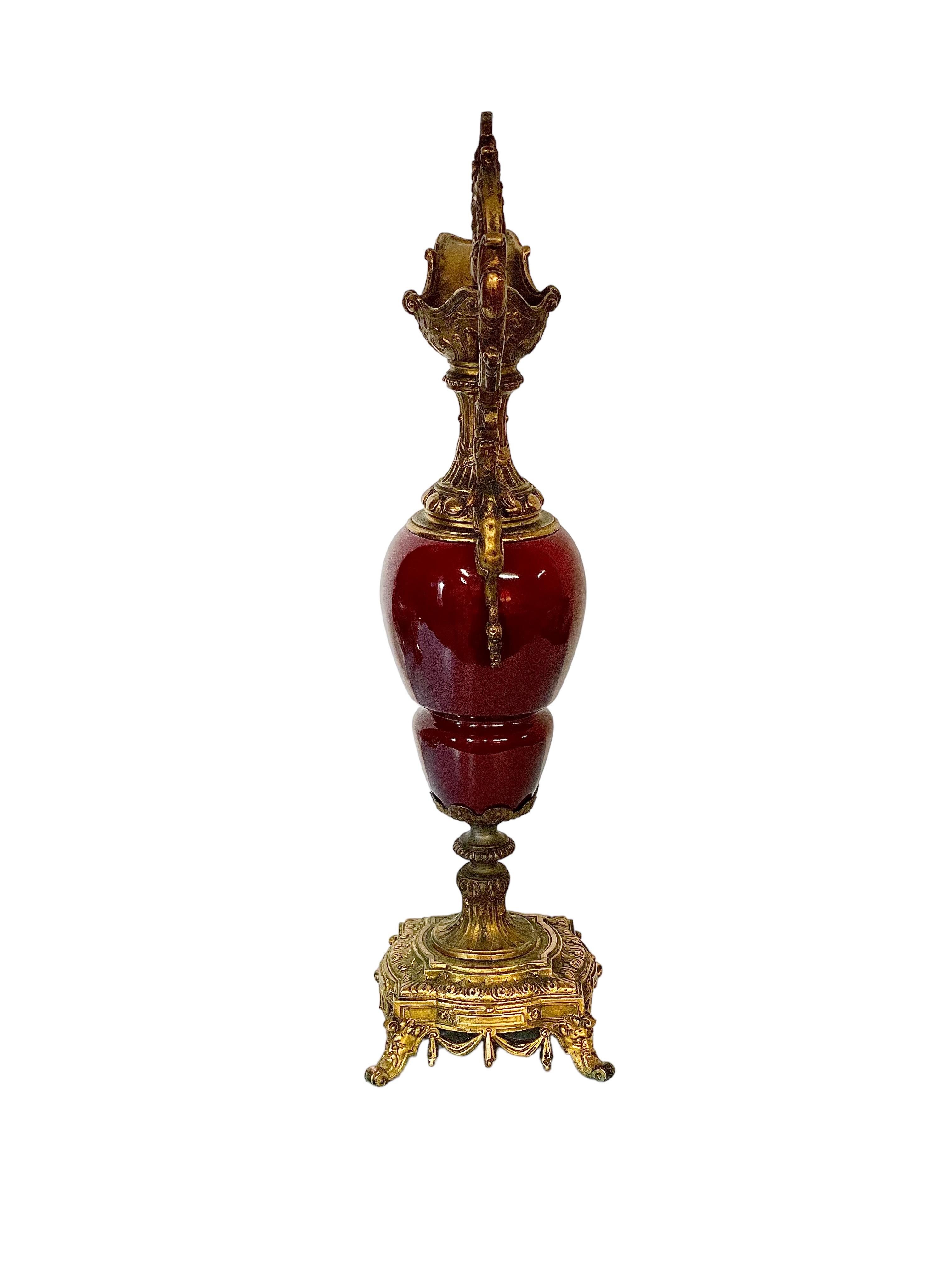 Red Ceramic and Gilt Bronze Antique Ewer Urn For Sale 1